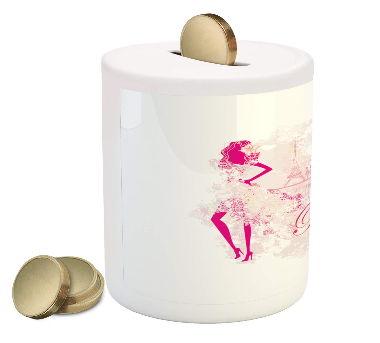 Lunarable Paris Piggy Bank - Ceramic Coin Bank with Feminine Parisian Woman & Eiffel Tower Design, Pink Money Box for Cash Savings | Perfect Gift for Travel Lovers & Home Decor