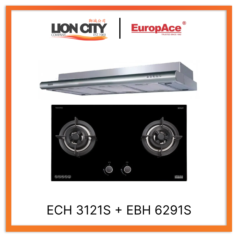 Europace ECH3121S 90cm Deluxe Stainless Steel Slim Range Hood + EBH6291S 2 Burner 90cm Slim Gas Hob with Schott Glass - Perfect for Modern Kitchens and Small Spaces