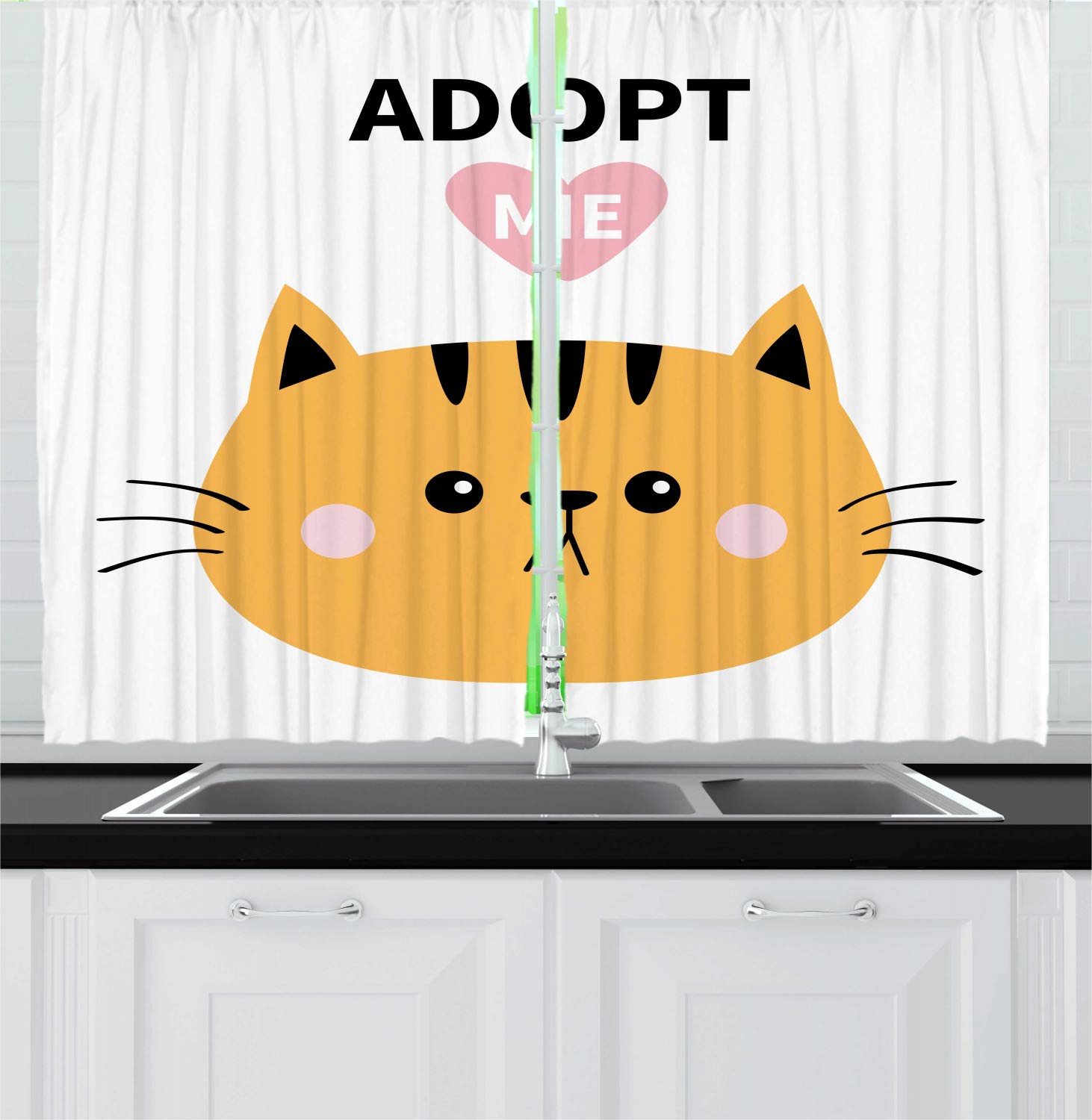Ambesonne Cat Themed Kitchen Curtains - Adopt Me Calligraphy with Cartoon Style Face - 2 Panel Window Drapes Set for Kitchen & Cafe Decor - 55
