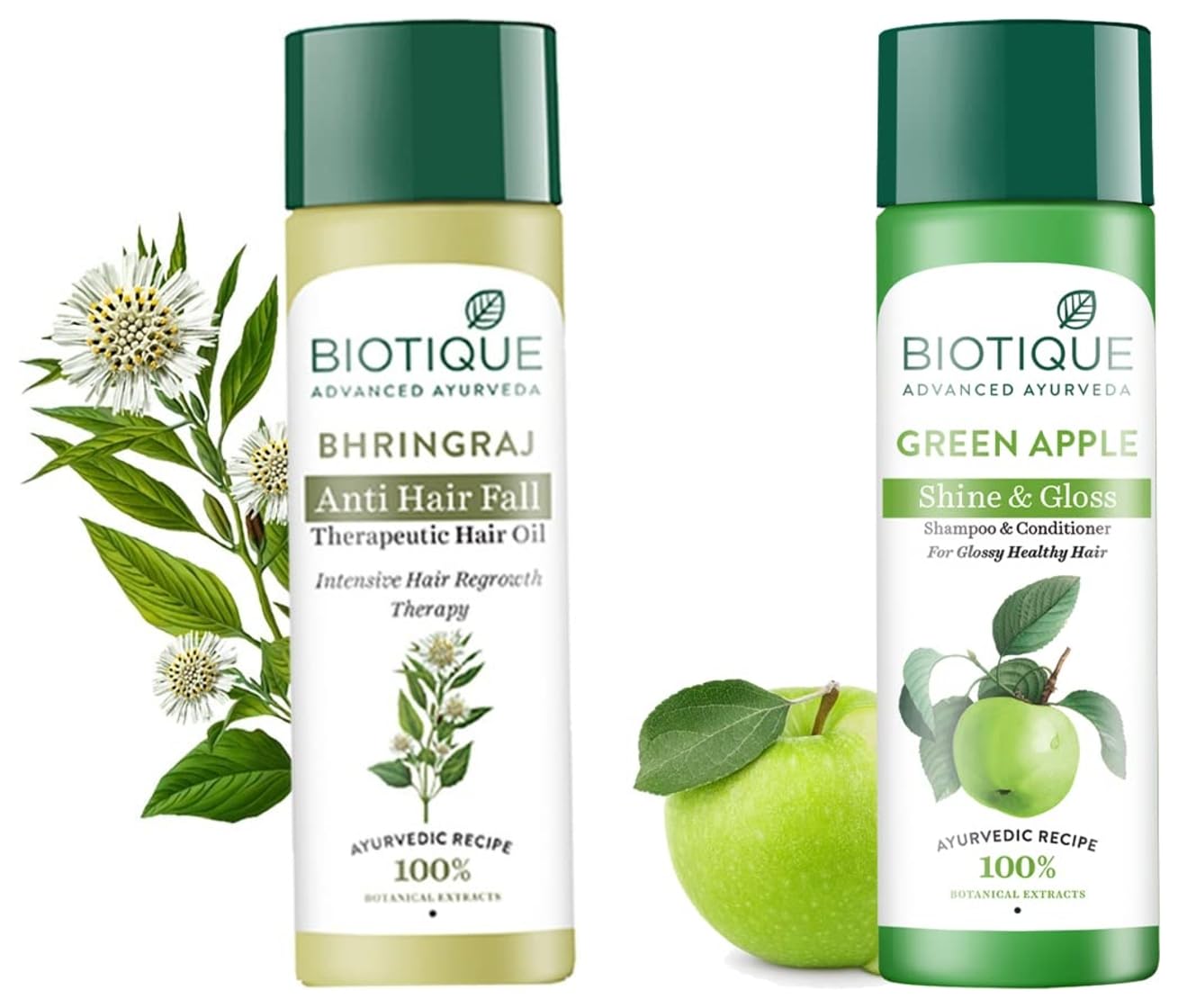 Biotique Bio Bhringraj Fresh Growth Therapeutic Hair Oil 200ml & Green Apple Purifying Shampoo & Conditioner Set 190ml - Natural Ayurvedic Hair Care for Dry Scalp, Hair Fall & Dandruff - Perfect for Daily Hair Wash & Scalp Massage Routine