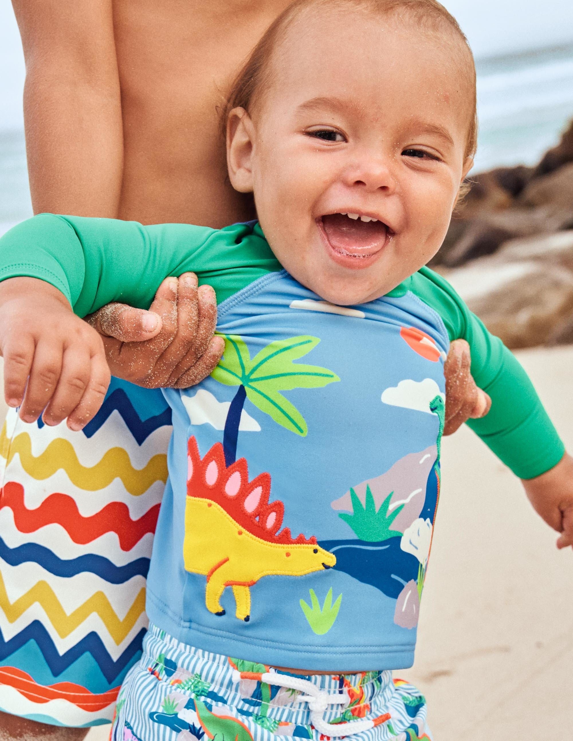 Blue Dinosaur Appliqué Rash Guard for Surfing, Swimming & Sun Protection - Kids & Adults UV Swim Shirt for Beach, Pool & Water Sports