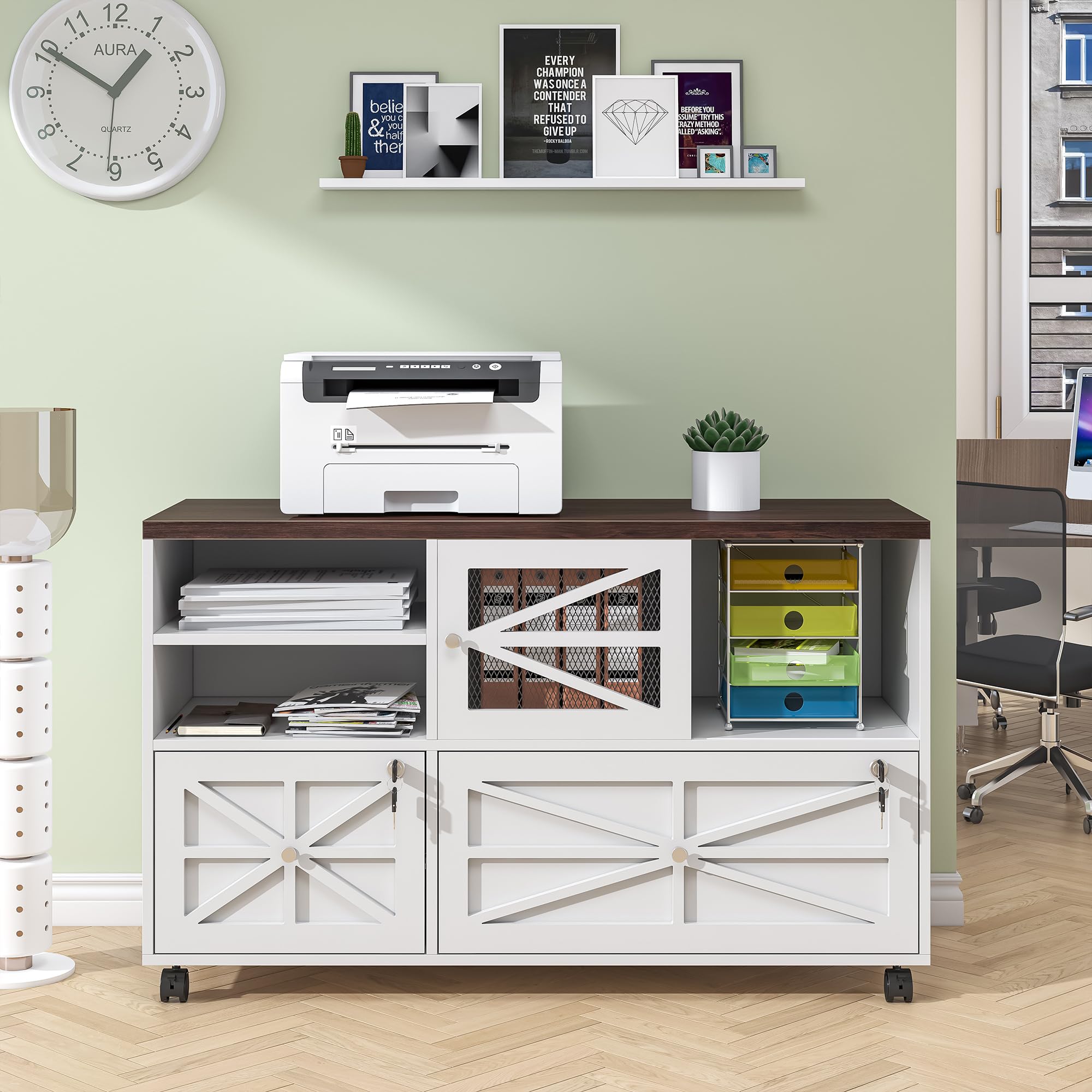 2-Drawer Locking File Cabinet with Wheels - Adjustable Shelf for Letter, Legal, F4 & A4 Files - Home Office Storage Solution for Documents & Supplies (White & Brown) - Perfect for Small Spaces & Shared Workspaces
