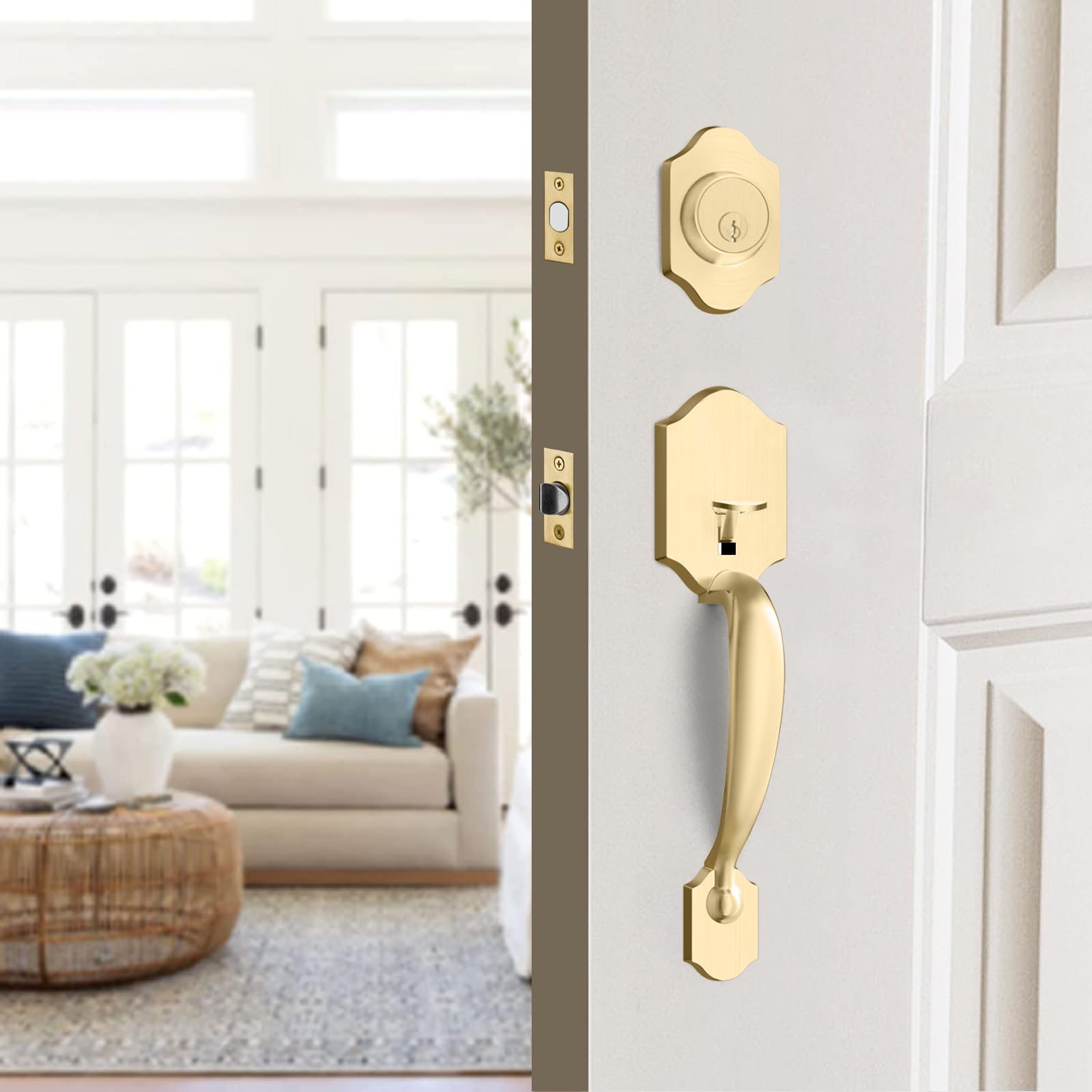 Premium Gold Front Door Handle & Deadbolt Lock Set - Single Cylinder Entry Door Lockset with Reversible Lever - Secure Exterior Door Hardware for Homes, Apartments & Offices
