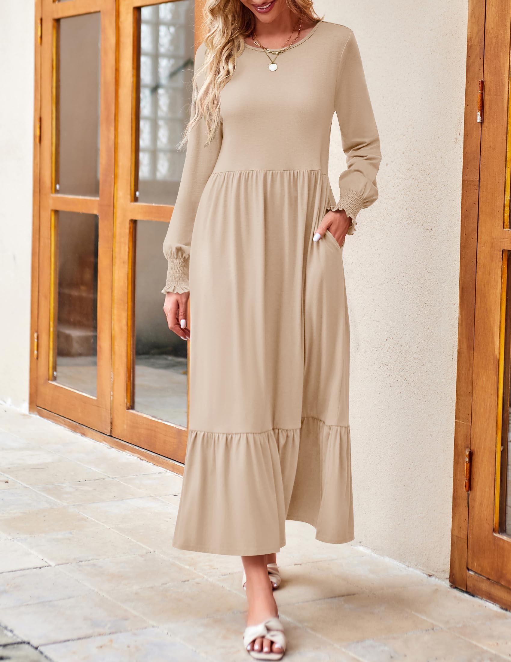 ZESICA Women's Spring Long Sleeve Dress 2025 - Crewneck Casual Loose Pleated Tiered Swing Midi Dress with Pockets | Perfect for Office, Brunch & Spring Outfits