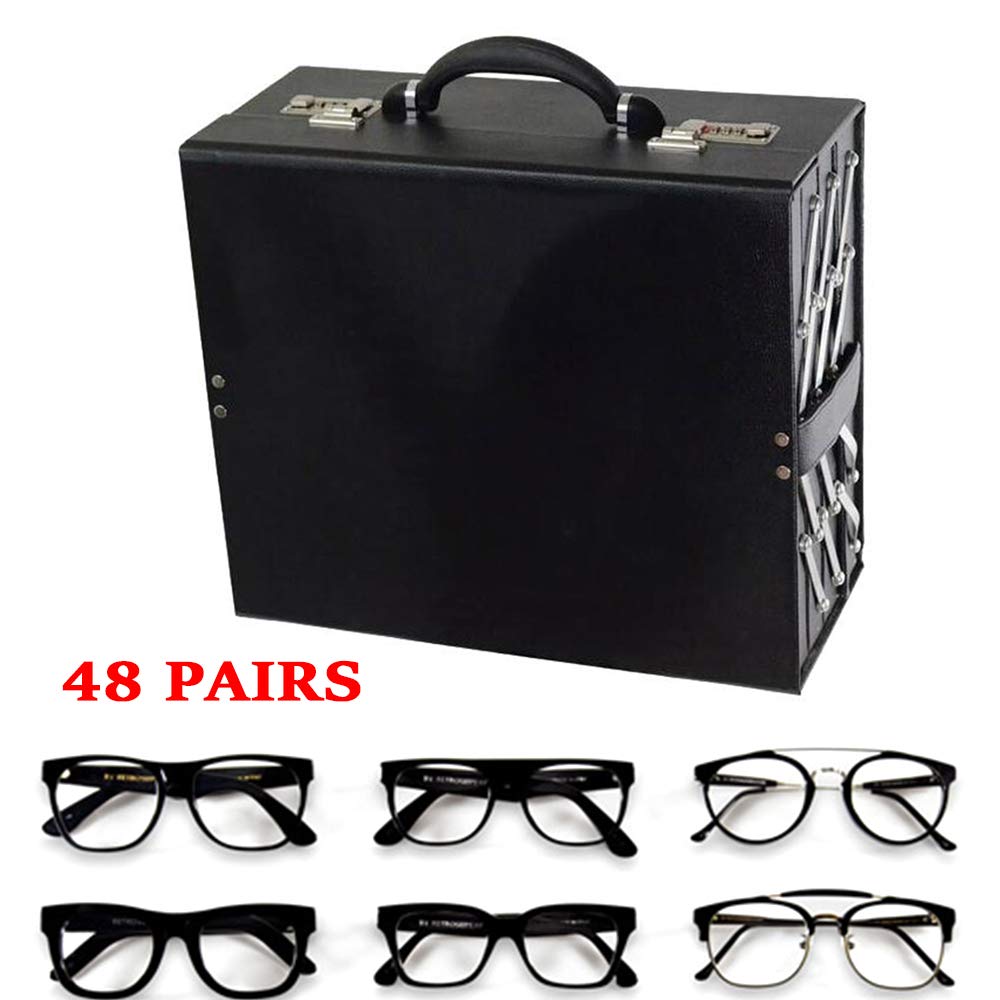 48 Slot PU Leather Eyeglasses & Sunglasses Organizer Case - Display & Storage for 48 Pairs - Perfect for Travel, Jewelry & Watch Organization - Compact Suitcase Design for Home, Office & Retail Stores