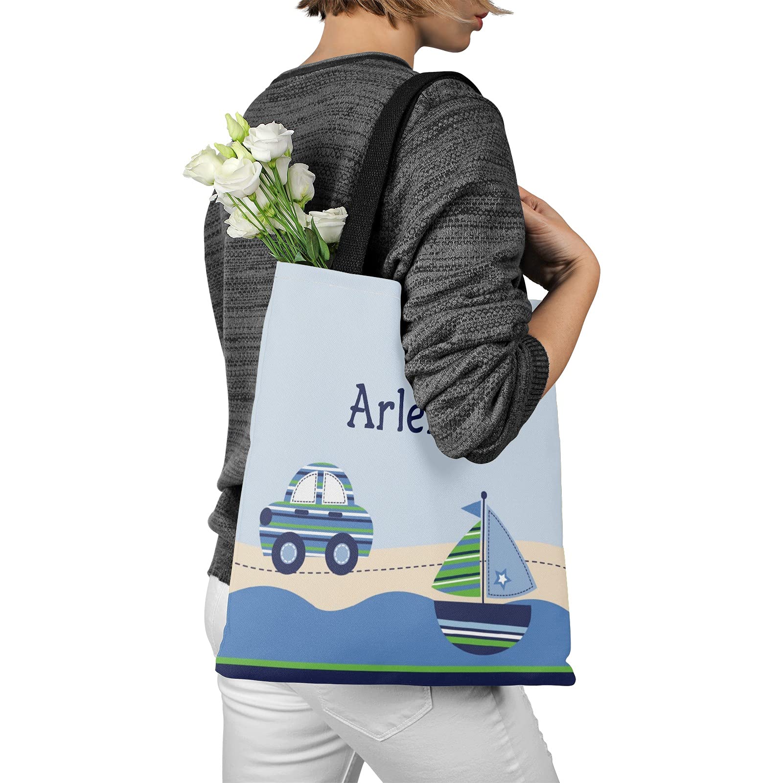 Blue Racing Car Personalized Canvas Tote Bags for Women & Kids - Reusable Shopping Bags, Travel Tote, School Handbag Gift - Perfect for Groceries, Beach Trips & Daily Commute