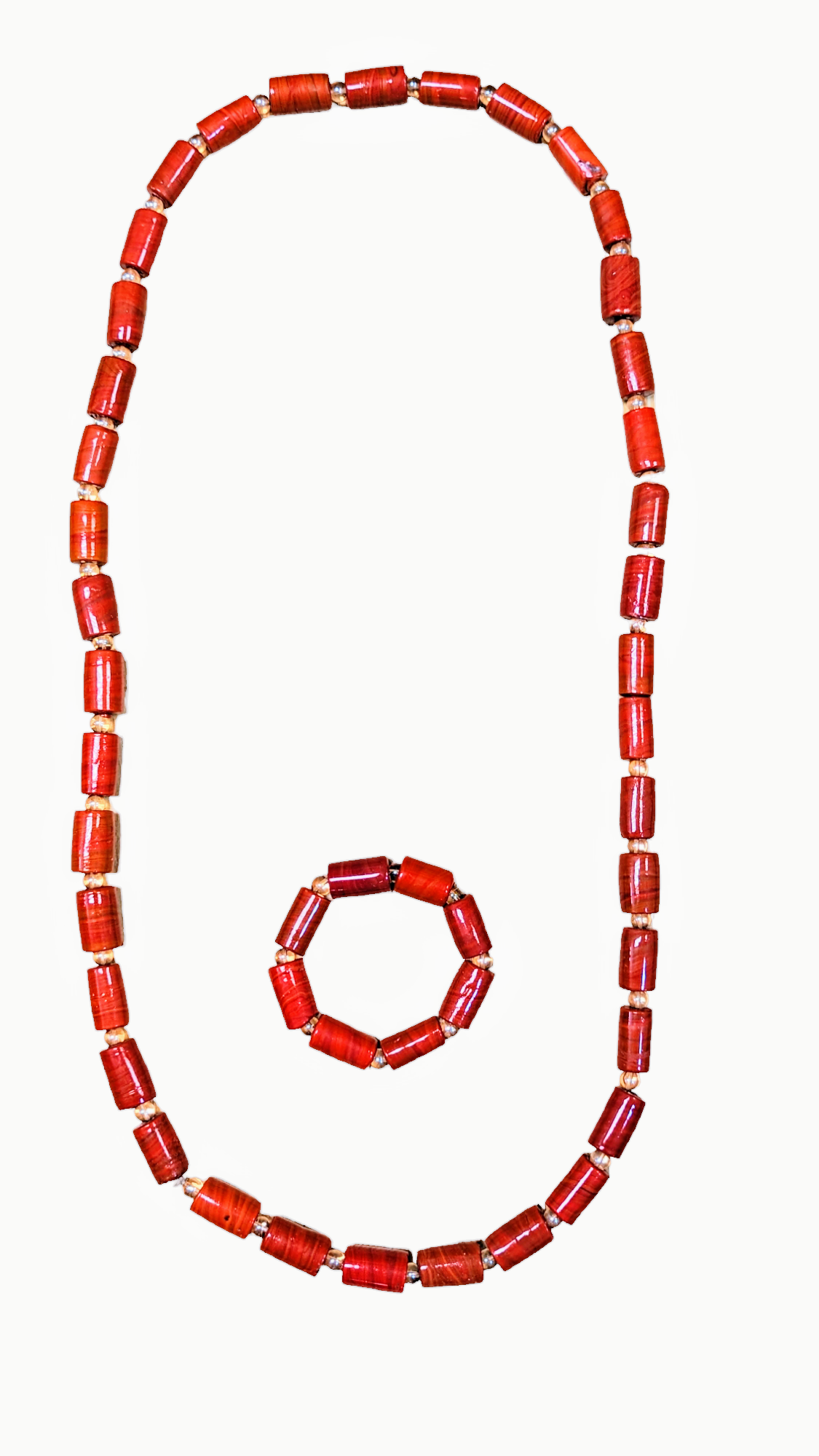 Ekelli Naija Coral Red African Nigerian Bead Necklace and Bracelet Set - Handmade Tribal Jewelry for Women - Perfect for Weddings, Parties & Cultural Events (DPILRG201)