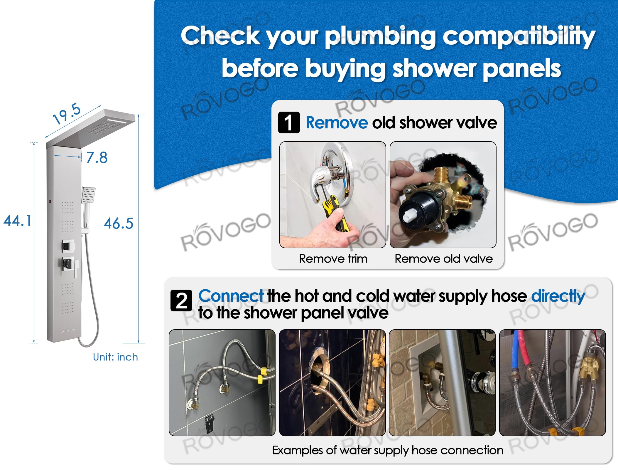 ROVOGO 5-Function LED Shower Panel Tower System with Rainfall Shower Head, 4 Body Jets, Handheld Spray & Tub Spout - Brushed Stainless Steel for Luxurious Bathroom Spa Experience
