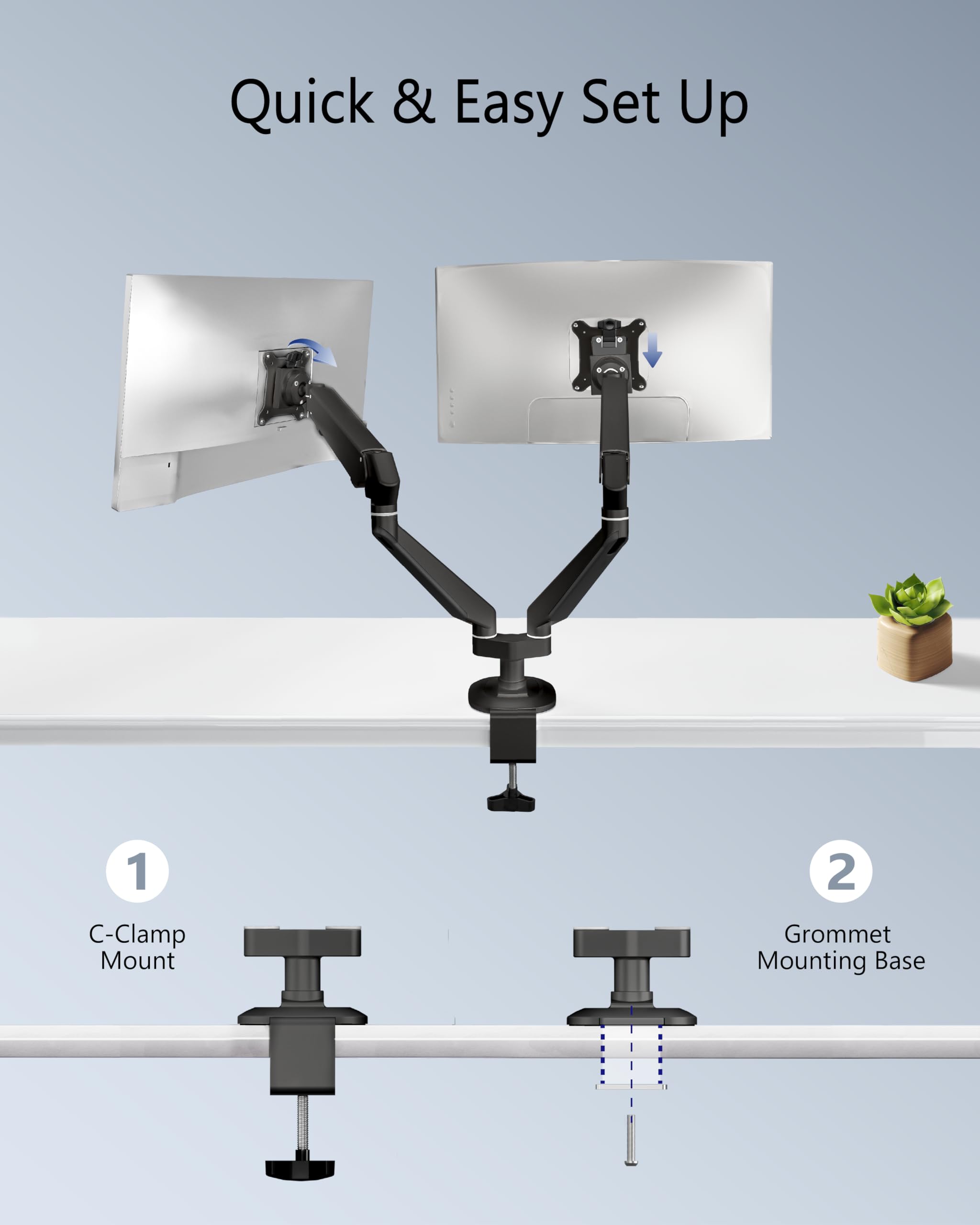 Dual Monitor Stand for 32 Inch Screens - Adjustable Gas Spring Monitor Arm Desk Mount Holds Up to 19.8 lbs - Aluminum Black for Home Office & Gaming Setup