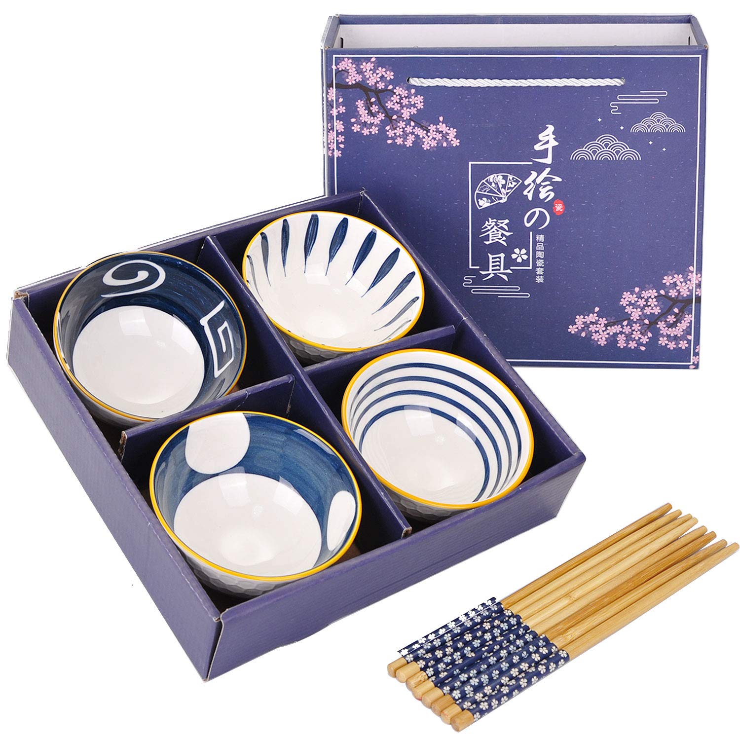 VanEnjoy Set of 4 Japanese Style Ceramic Rice Bowls with Chopsticks - Vintage Blue Hand-Painted Underglaze Dinnerware for Dessert, Snack, Cereal & Soup | Perfect for Asian Dining, Home Kitchen & Gift Giving