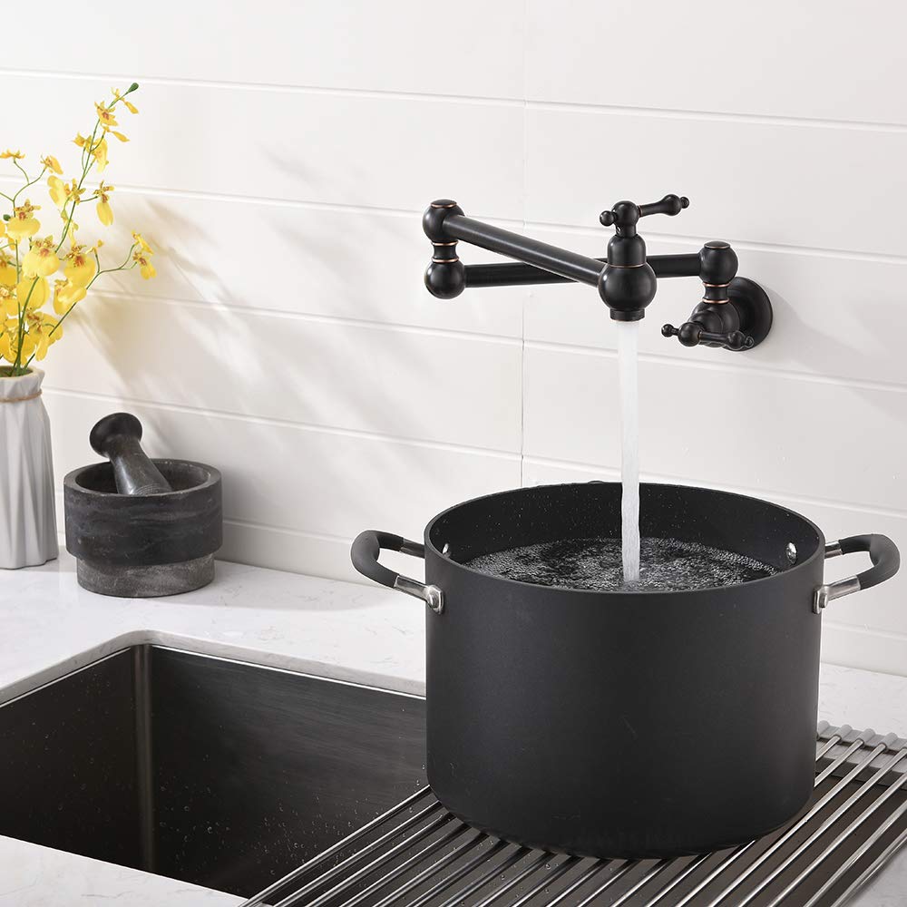 Oil Rubbed Bronze Commercial Pot Filler Faucet - Stainless Steel Wall Mount Kitchen Faucet with Folding Stretchable Double Joint & 2 Handles - Perfect for Restaurant, Home Kitchen & High-Traffic Sink Areas