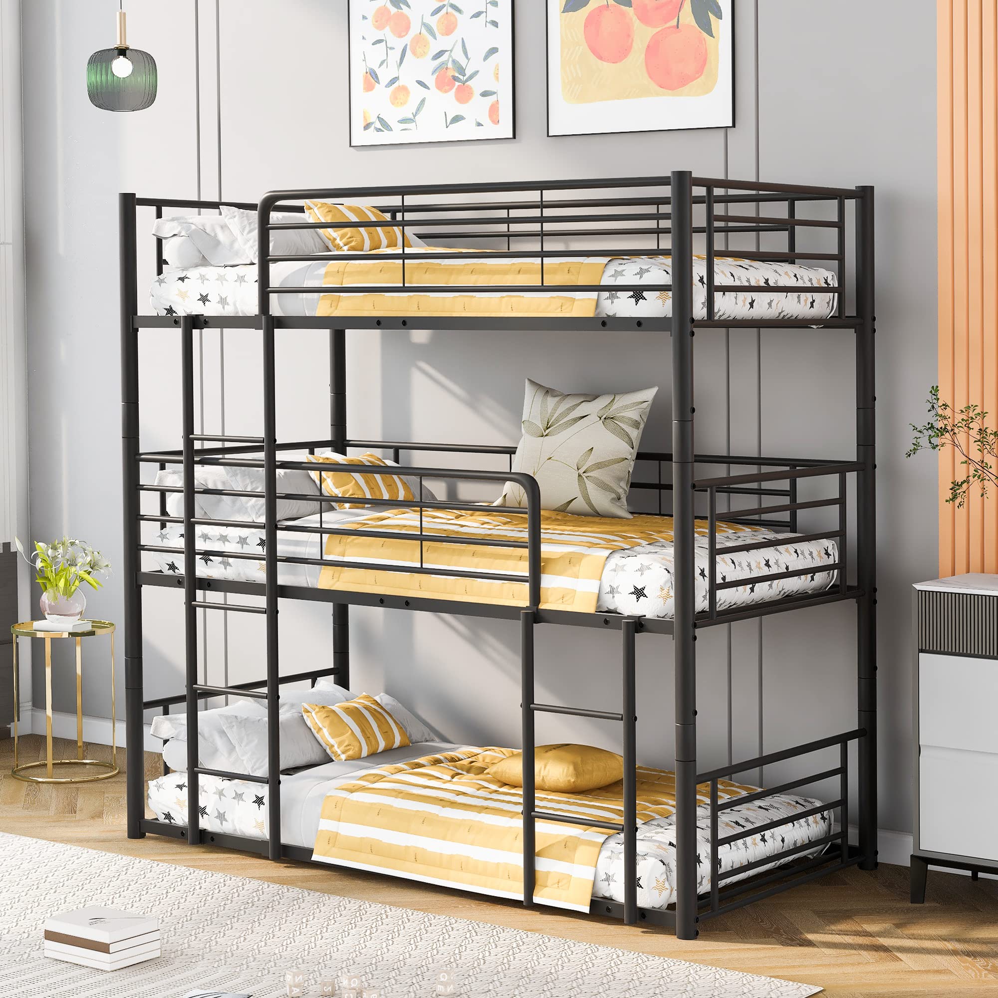 JULYFOX Black Metal Triple Bunk Bed Frame - Twin Over Twin Over Twin with Ladders, No Box Spring Needed, 3-in-1 Space Saving Platform Bed for Kids | Perfect for Small Bedrooms, Dormitories & Vacation Homes