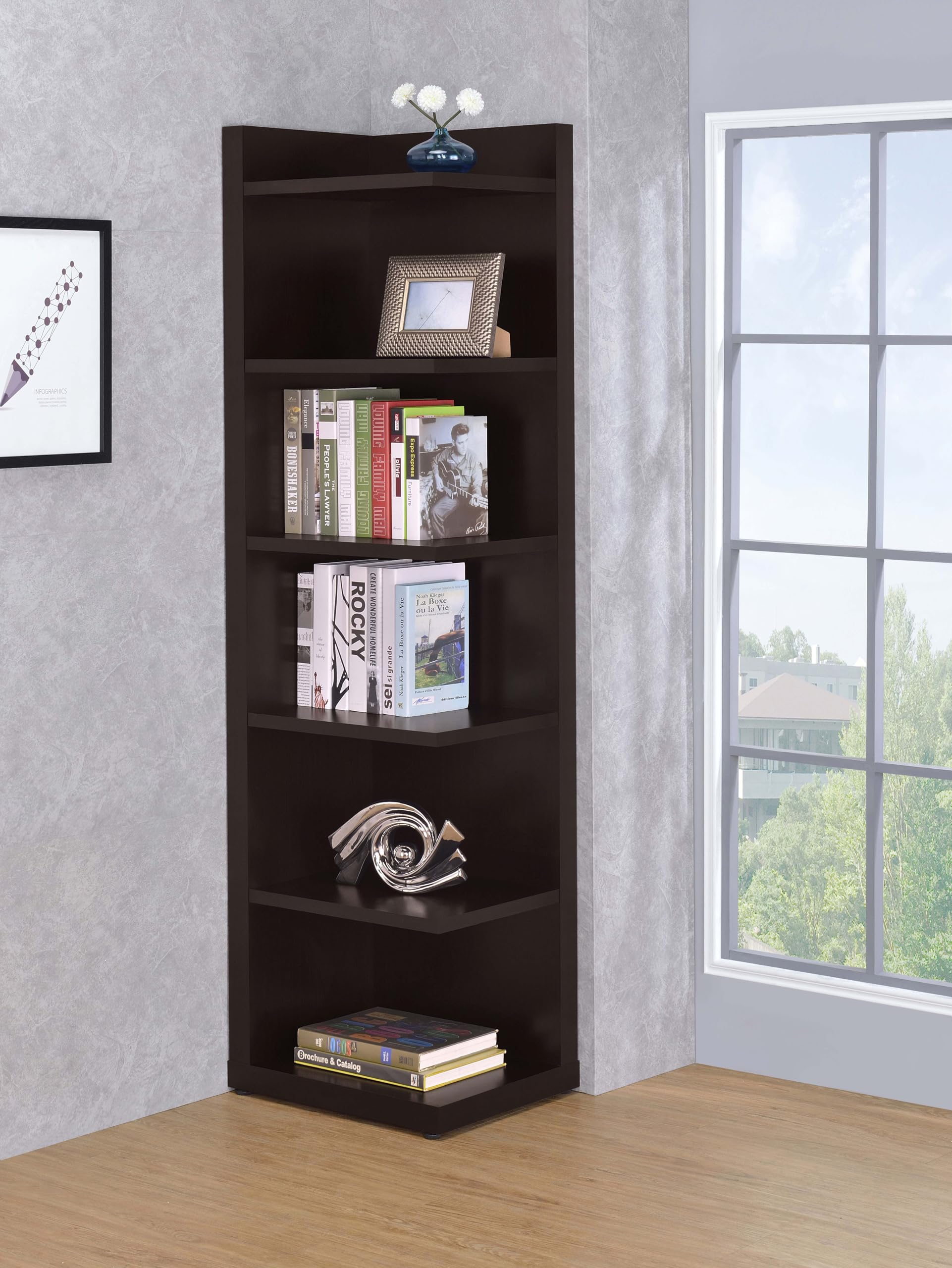 Coaster Furniture Corner Bookcase in Cappuccino Finish - 800270 - Perfect for Living Room, Office & Home Library Storage