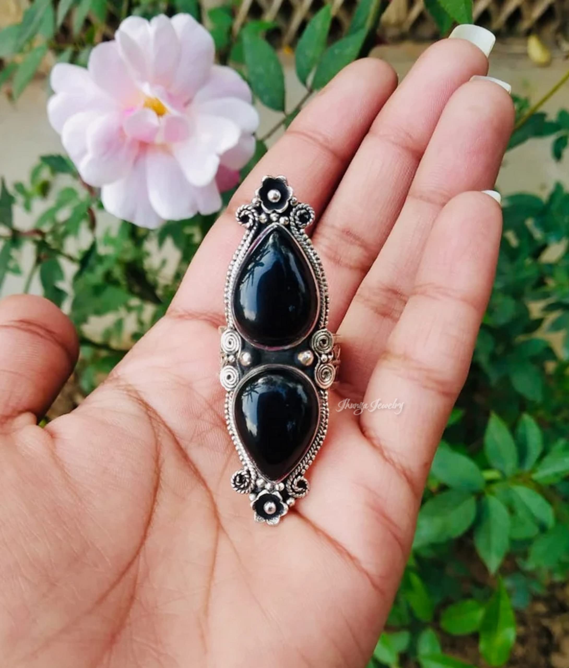 Black Onyx Ring - 925 Sterling Silver Handmade Boho Statement Ring | Artisan Designer Wedding Promise Ring | Vintage Pear Shape Onyx Silver Jewelry for Women - Perfect for Boho Chic, Evening Wear & Special Occasions