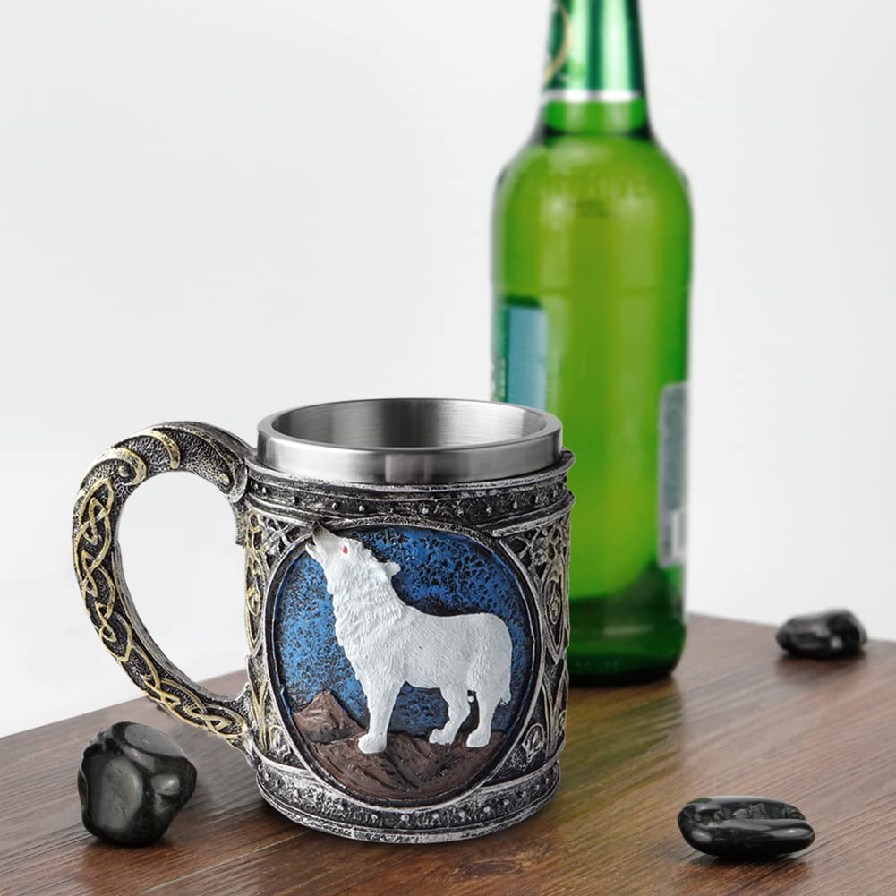 Stainless Steel Wolf Mug with Resin 3D Design - Insulated Travel Coffee Cup for Tea, Beer & Wine - Perfect for Camping, Office & Gifts (White Wolf)
