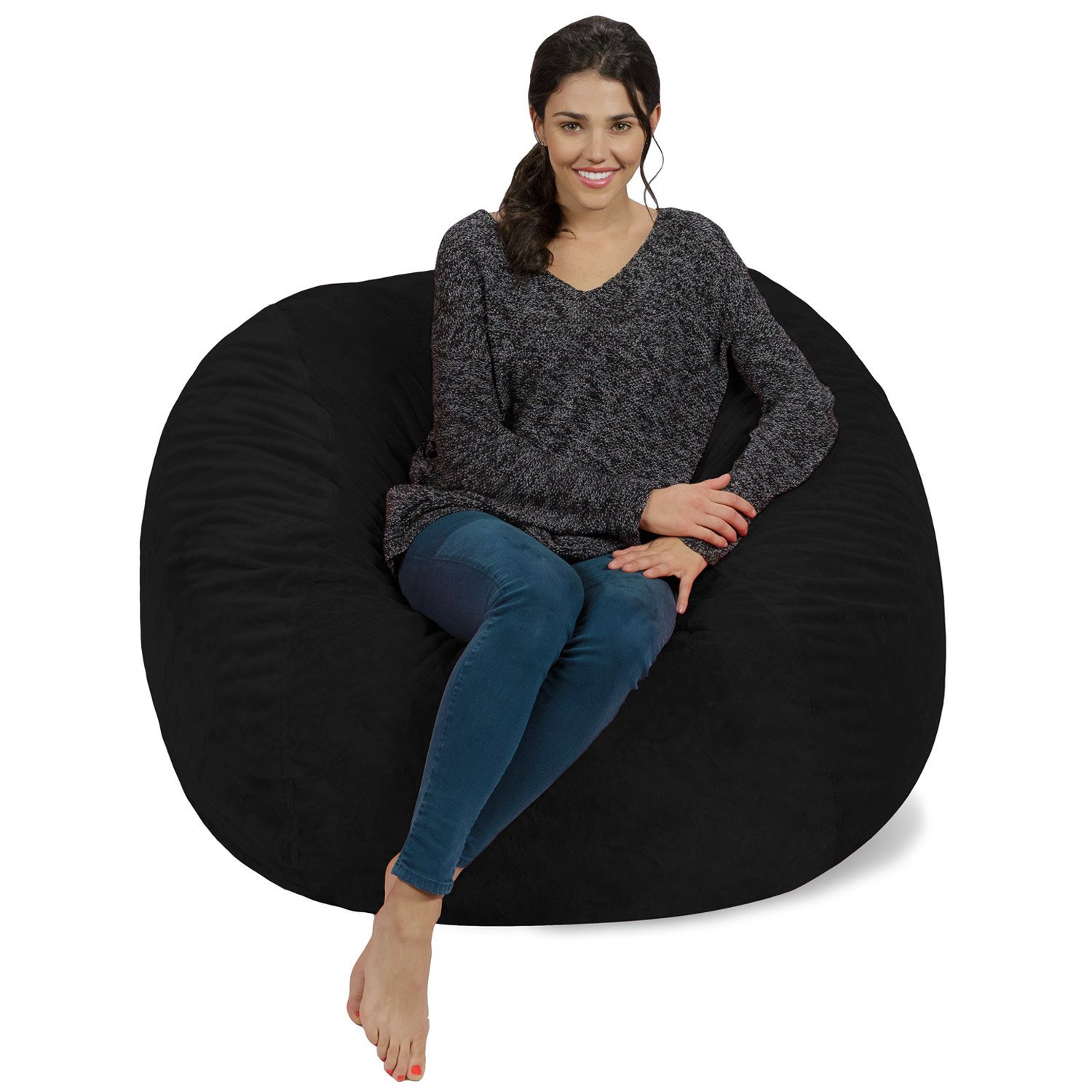 Chill Sack 4' Memory Foam Bean Bag Chair - Giant Soft Microfiber Furry Sofa for Living Room, Bedroom & Game Room - Comfortable Lounge Furniture for Teens & Adults (Black)