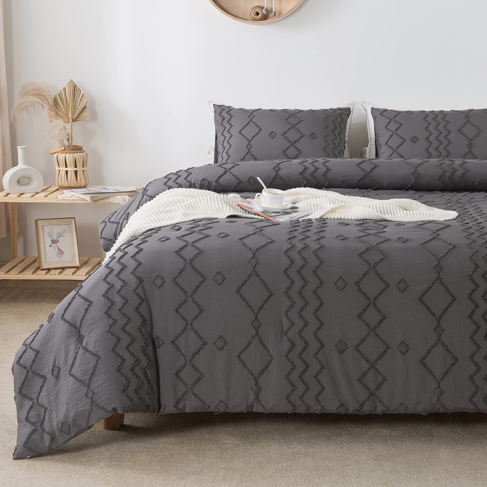 **Andency Dark Gray Tufted Comforter Set Full (79x90 Inch) – 3-Piece Boho Farmhouse Bedding with Microfiber Down Alternative, Geometric Design – Perfect for Cozy Bedrooms, Guest Rooms & Modern Farmhouse Decor**