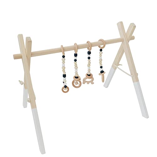 **Poppyseed Play Wooden Baby Play Gym - Foldable Frame with Hanging Bar, Cotton Cord & Wooden Bead Toys - Gender Neutral Activity Set for Infants - Easy to Assemble (White Wood, Black Toys) - Perfect for Tummy Time & Sensory Play**