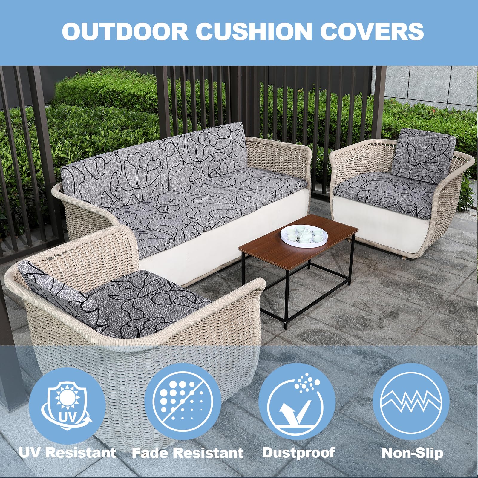 8-Piece Stretch Patio Cushion Covers Set - Waterproof Outdoor Sofa & Chair Covers (20-27 Inch) - Replacement Furniture Protector for Deck, Poolside & Garden Seating