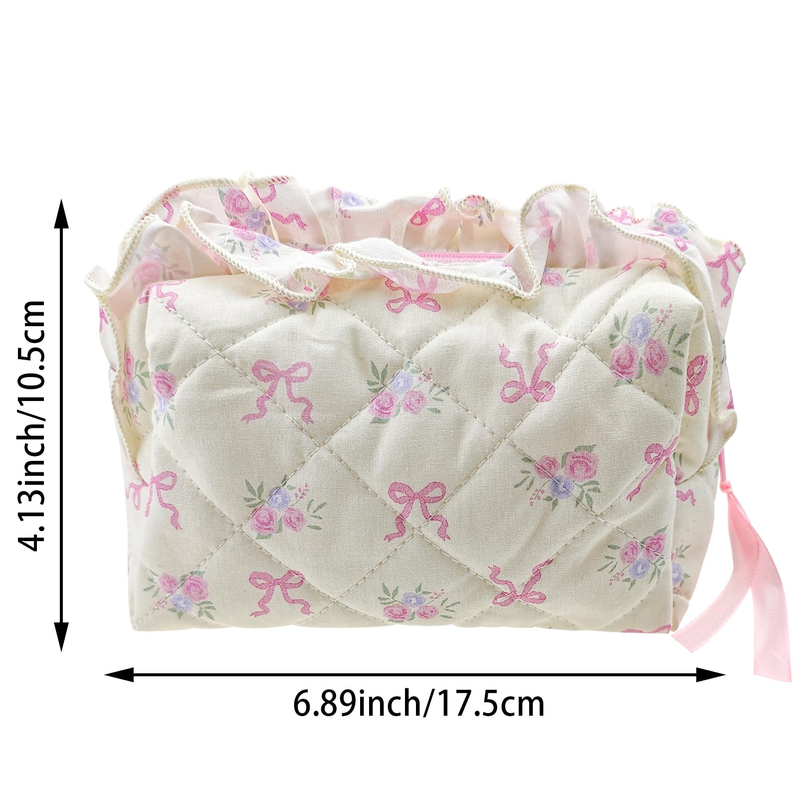 Quilted Makeup Bag for Women & Girls - Cute Pink Bow Tie Toiletry Organizer Pouch, Travel Cosmetic Case, Period Essentials Bag | Perfect for Travel, Gym, Daily Use & Gift Giving