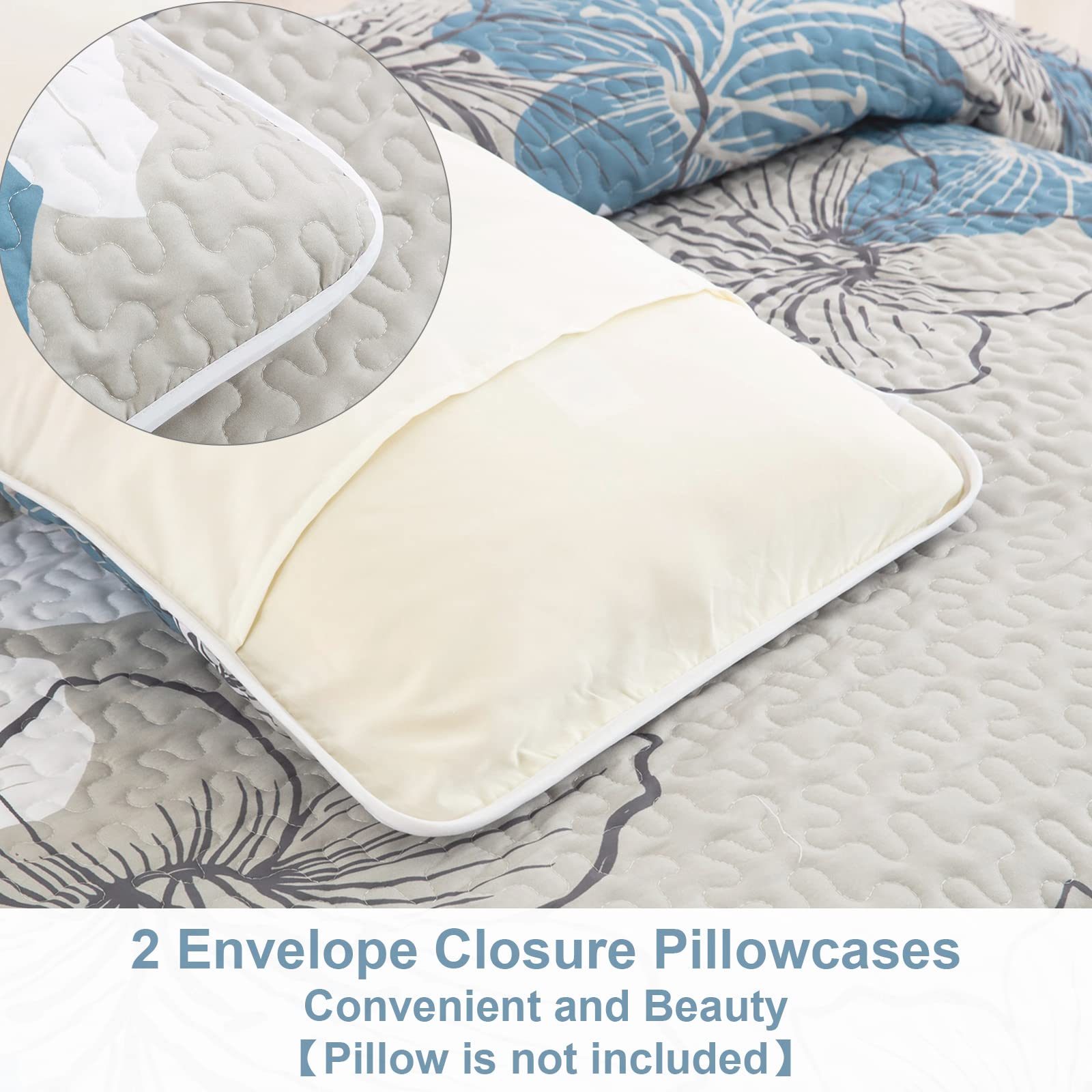 3-Piece California King Quilt Set - Blue Floral Boho Bedspread with 2 Pillow Shams, Lightweight Summer Quilt Coverlet for Adults & Teens, 106