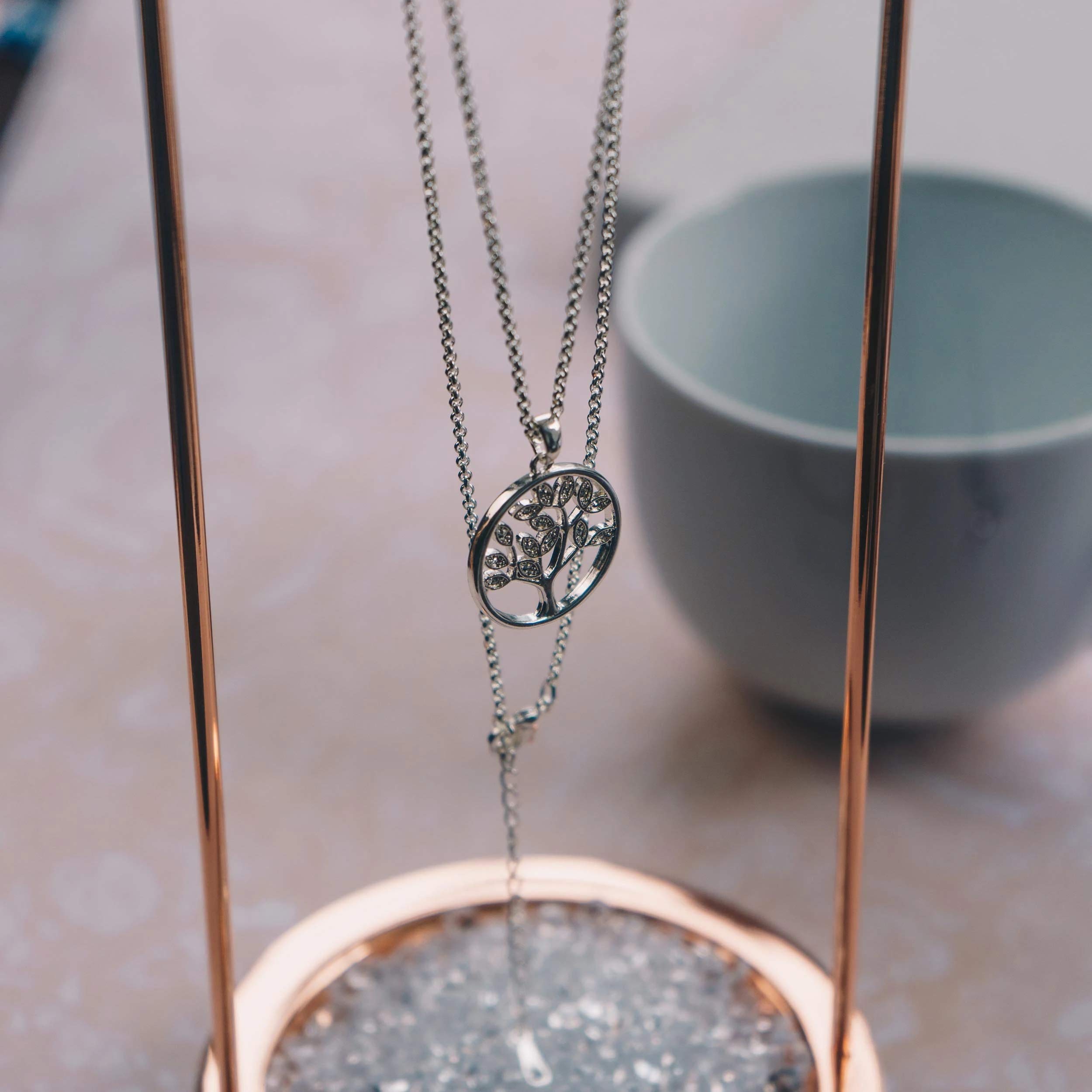 Silver Plated Tree of Life Necklace with Zirconia Crystals - Gift for Women
