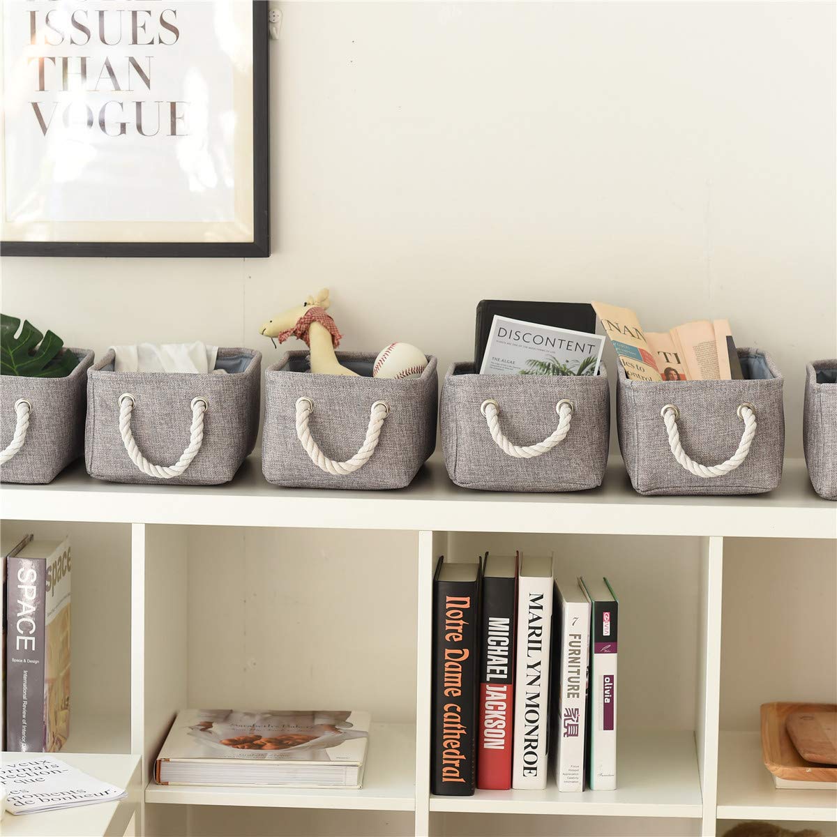6-Pack Gray Fabric Storage Baskets with Handles - 12x8x5 Inches Small Organizing Bins for Home, Gifts & Dog Toys | Decorative Home Organization Solutions for Bedroom, Bathroom & Nursery