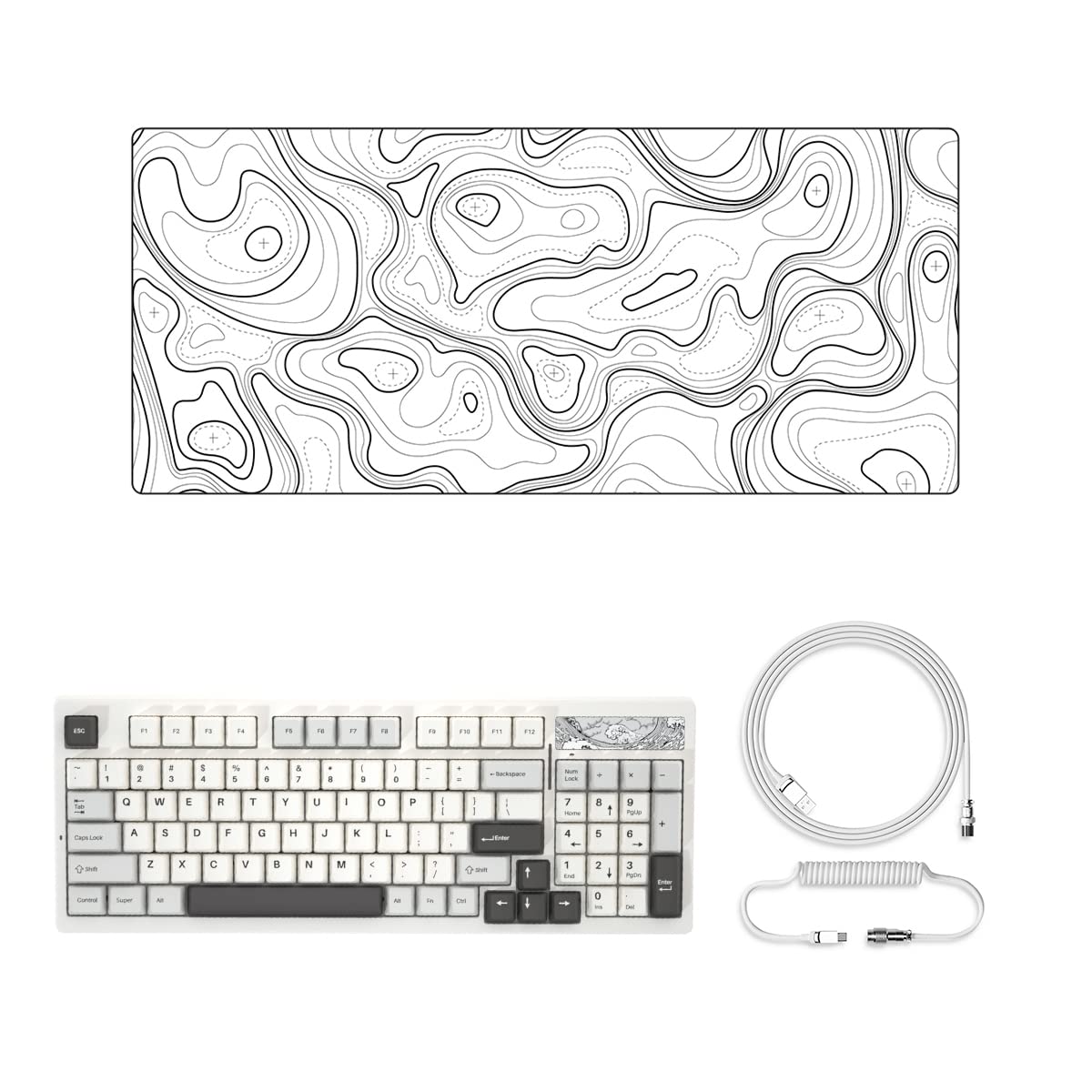 YUNZII IF98 Hot Swappable Gasket Mounted Mechanical Keyboard with Gateron Black Switch - White Keyboard, Topographic Mouse Pad & V2 White Cable Bundle | Perfect for Gaming, Office Work & Typing Enthusiasts