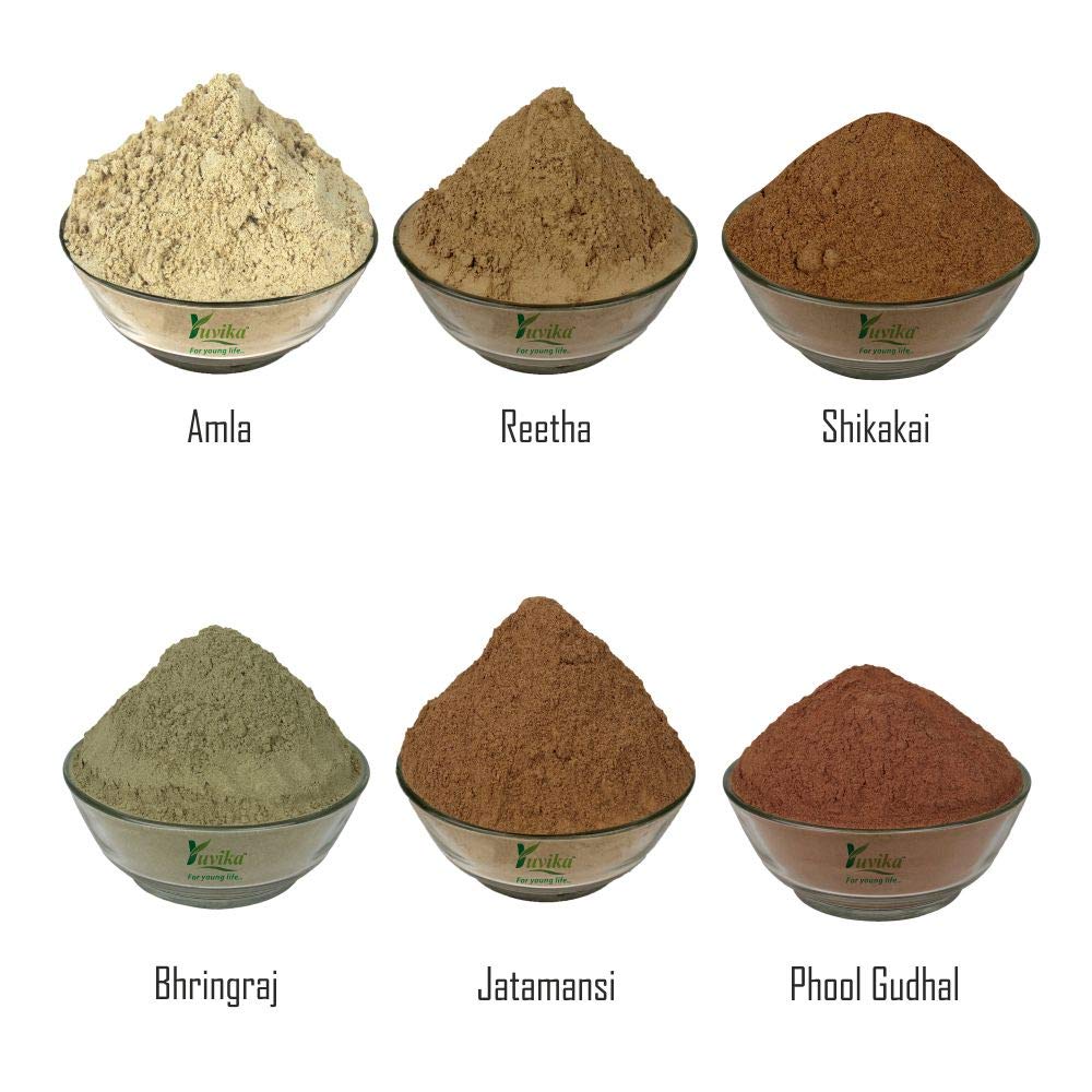 YUVIKA Ayurvedic Hair Care Combo Pack - 600g (100g Each) with Amla, Reetha, Shikakai, Jatamansi, Hibiscus & Bhringraj Powders - Natural Hair Growth & Scalp Treatment for Shiny, Strong Hair - Perfect for DIY Hair Masks & Herbal Hair Wash