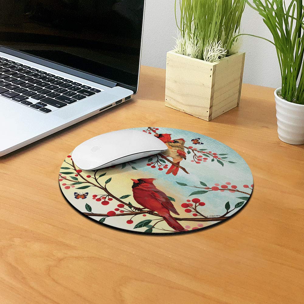 Non-Slip Round Mouse Pad with Red Cardinal Birds Design - Ergonomic Desk Mat for Home Office, Gaming & Computer Work (Perfect for Workstations, PC Setups & Gift Giving)