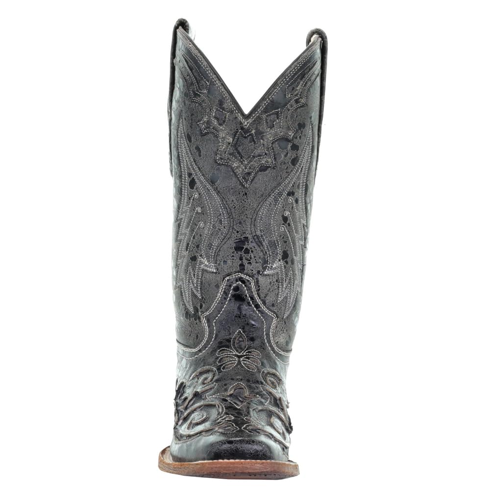 **Women's Distressed Embroidered Square Toe Dress Boots - Mid Calf, Low Heel (1-2
