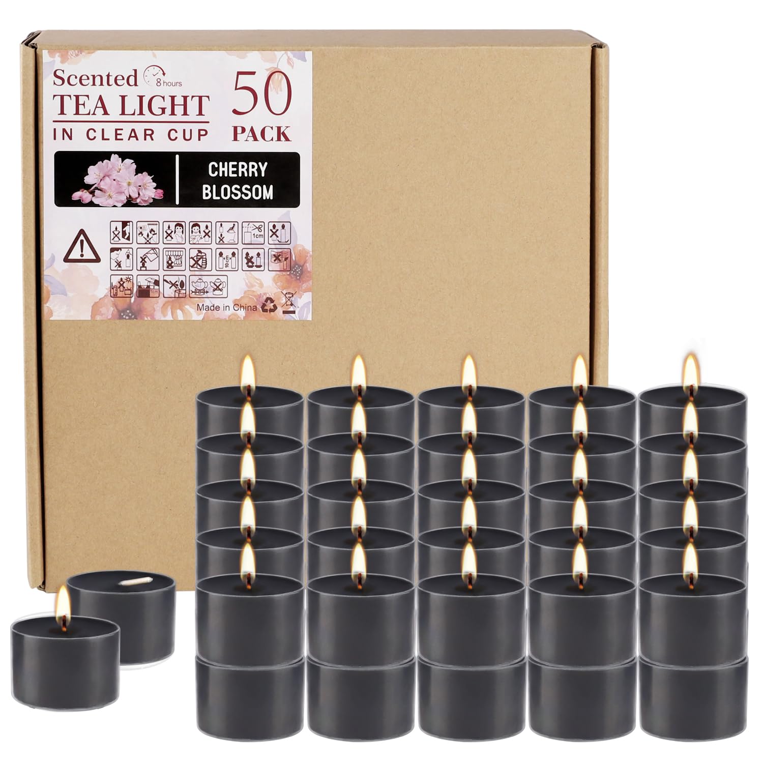 50 Pack Clear Tealight Candles - Cherry Blossom Scented, Smokeless, 8 Hour Burn Time for Weddings, Parties & Emergency Use - Romantic Ambiance & Home Decor (Black)