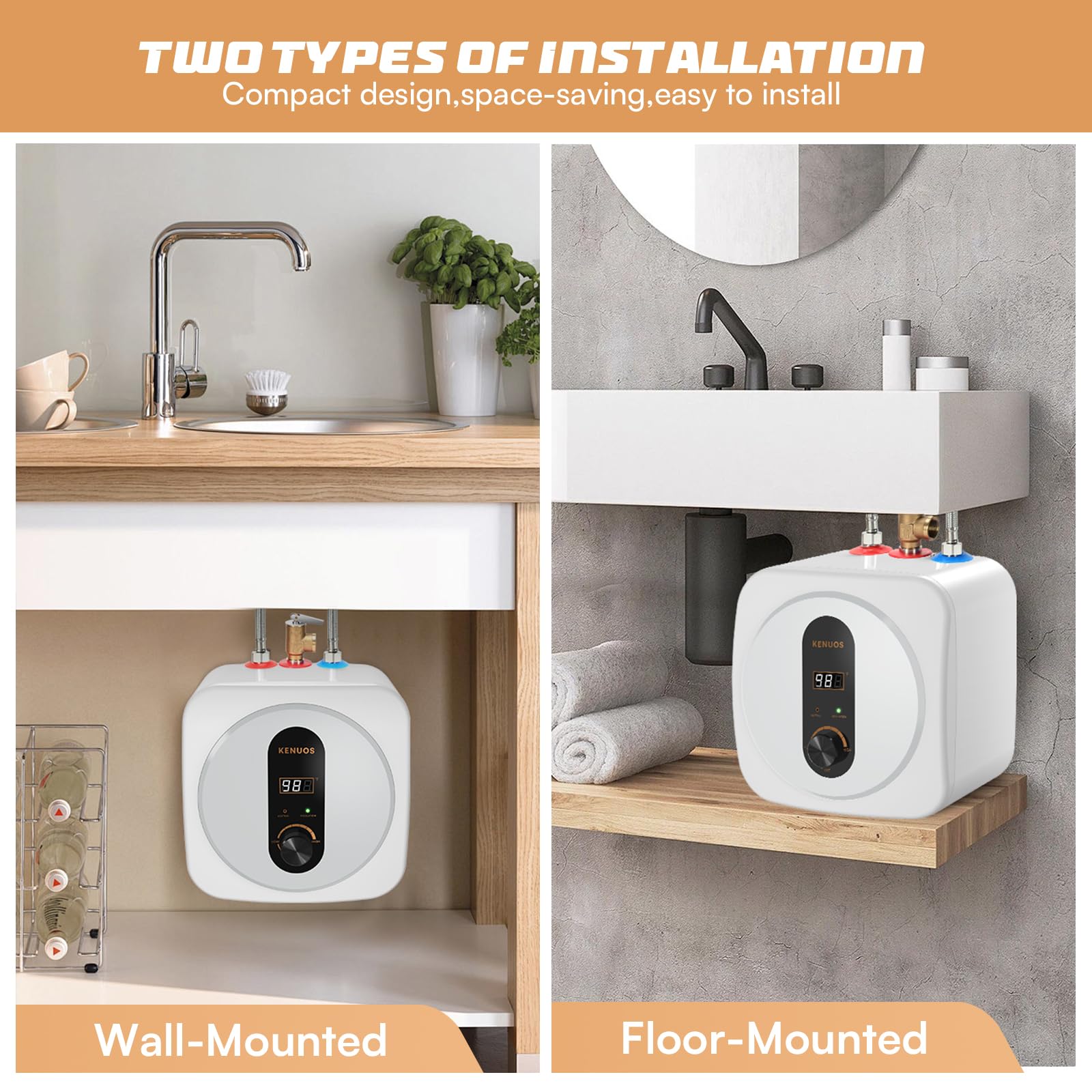 Under Sink Instant Hot Water Heater 2.5 Gallon - 120V 1500W Mini Tank Electric Water Heater with Digital Display & Pressure Release Valve (1/2
