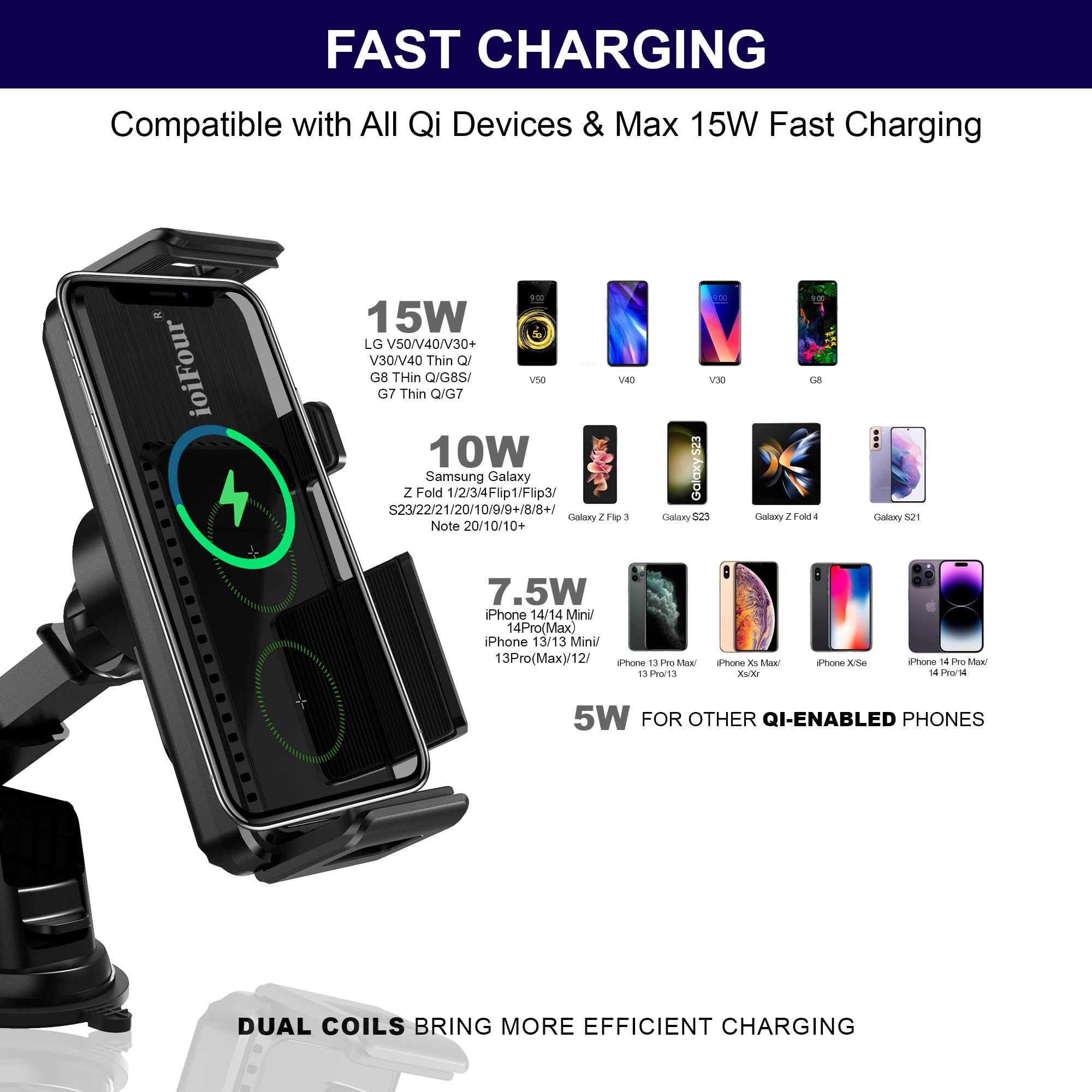 15W Qi Wireless Car Charger Auto-Rotating Dual Coils Fast Charging - Universal Phone Mount Holder for Samsung Galaxy Z Fold 6/5/S24/S23, iPhone 16/15/14 Pro Max, Google Pixel 8/7 Pro - Perfect for Commuting, Road Trips & Hands-Free Driving (L)