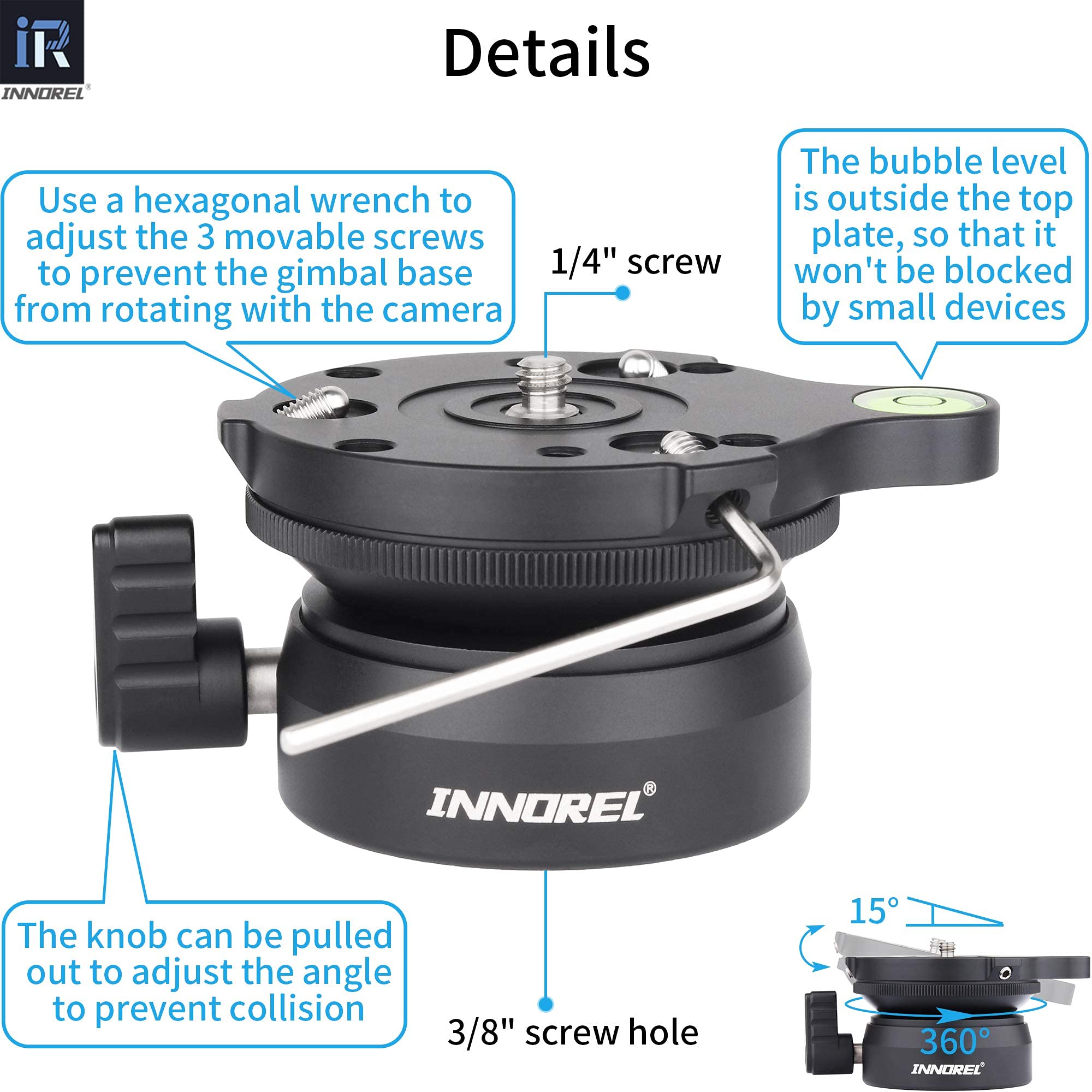 INNOREL LB60 60mm Tripod Leveling Base Ball Head with 3/8-inch & 1/4
