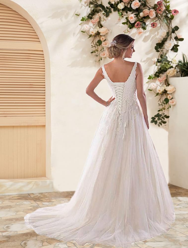 Boho Wedding Dresses for Women - Lace Applique A-Line Beach Bridal Gown with Long Train | Perfect for Beach Weddings, Outdoor Ceremonies & Boho Chic Brides