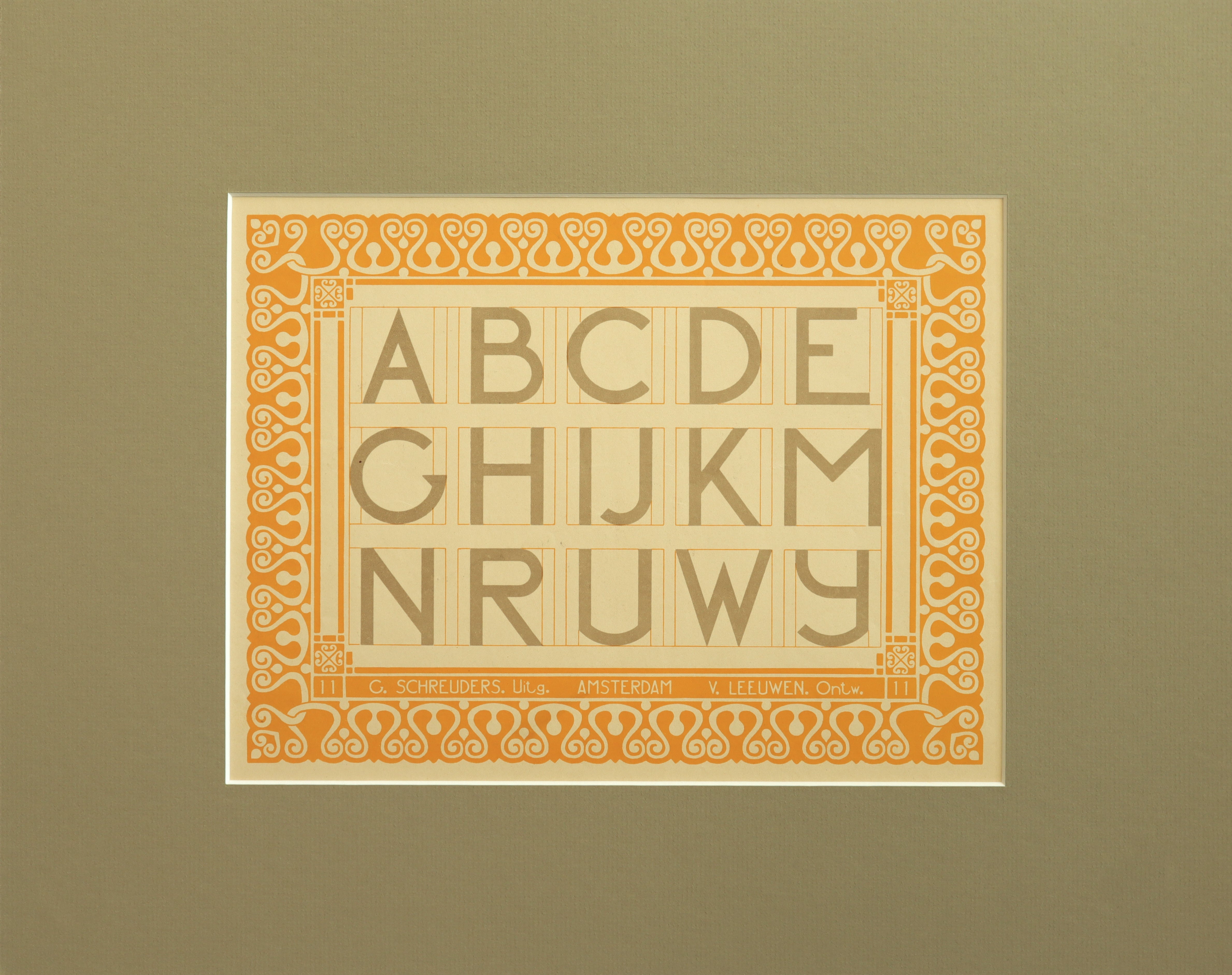 Vintage 1907 Dutch Letterpress Sheet with Mat - Antique Alphabet Print (ABCDE GHIJKM NRUWY) for Home Decor & Scrapbooking Projects