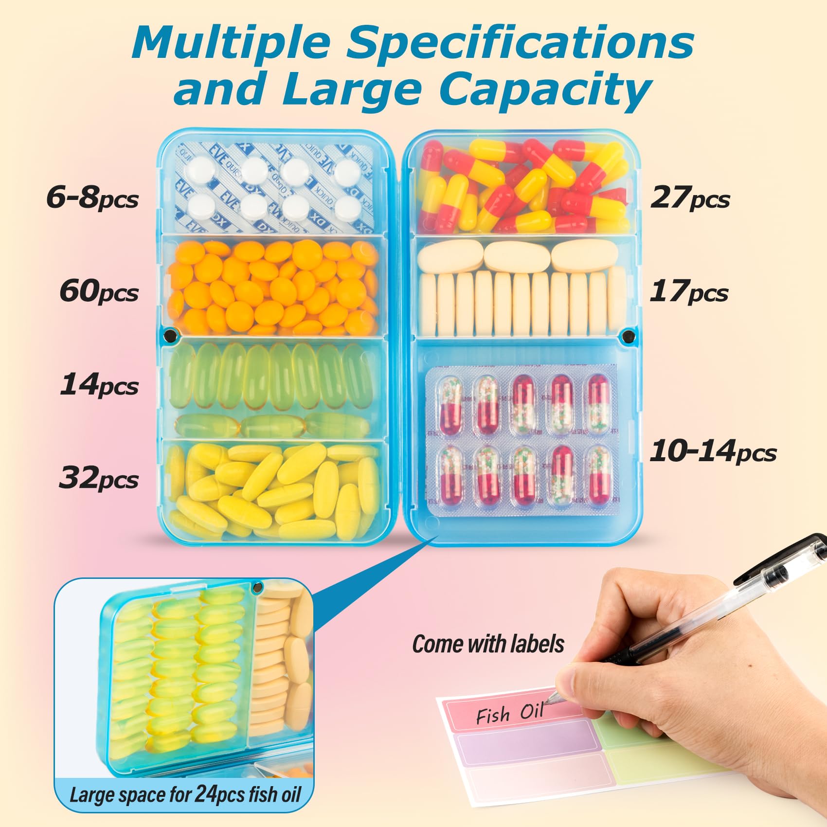 Yaklim Magnetic Travel Pill Organizer - 7 Compartment Portable Pill Box with Labels, Large Vitamin & Medicine Case, Grey Supplement Organizer | Perfect for Daily Medication, Travel, and On-the-Go Use