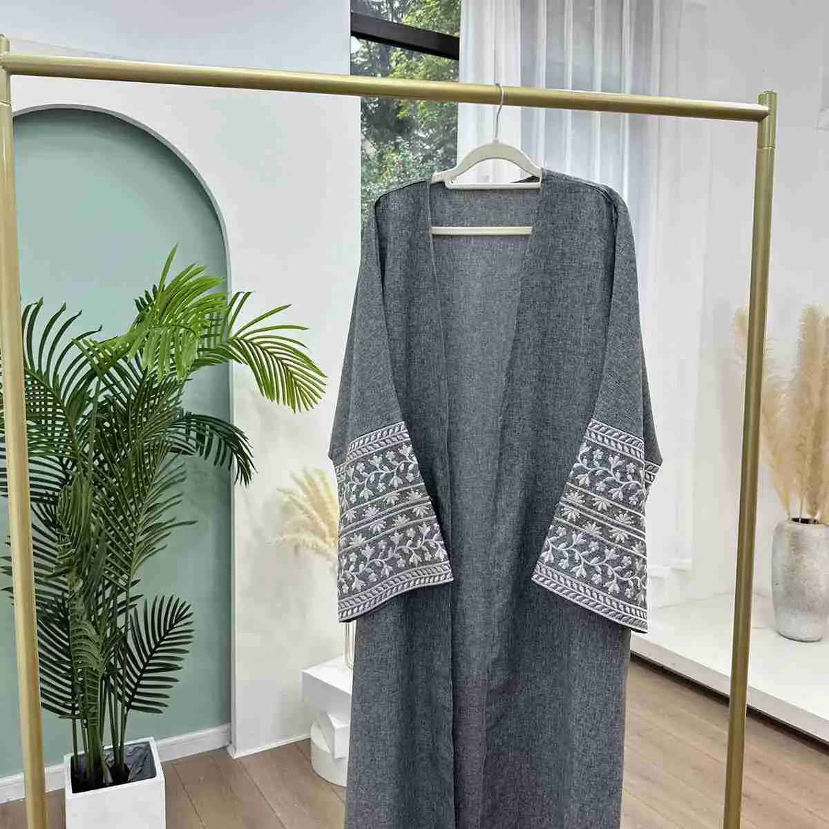 Muslim Women's Linen Blend Embroidery Sleeve Open Abaya Cardigan Dress - Perfect for Prayer, Modest Fashion & Everyday Wear