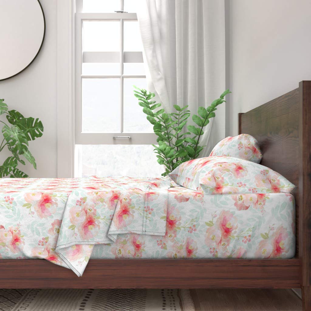 100% Cotton Queen 4-Piece Sheet Set | Bloom Pink Plush Floral Watercolor Print | Soft Nursery Bedding for Girls Room | Baby Girl Decor | Custom Printed Bed Sheets | Perfect for Nursery, Kids Room & Gift Giving