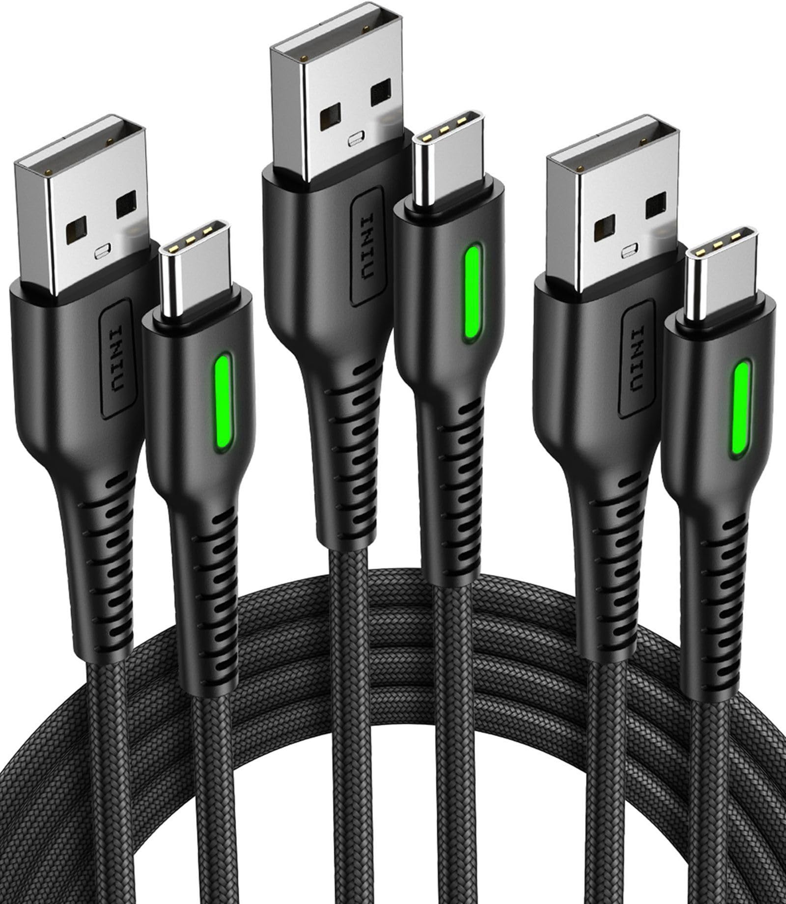 INIU 3-Pack USB A to USB C Fast Charging Cable [1.6ft+6.6ftx2] 3.1A Braided Type C Charger Cord for iPhone 16/15 Pro, Samsung Galaxy S21/S20/S10/S9, Pixel, LG & Android Phones - Perfect for Home, Office & Travel Charging