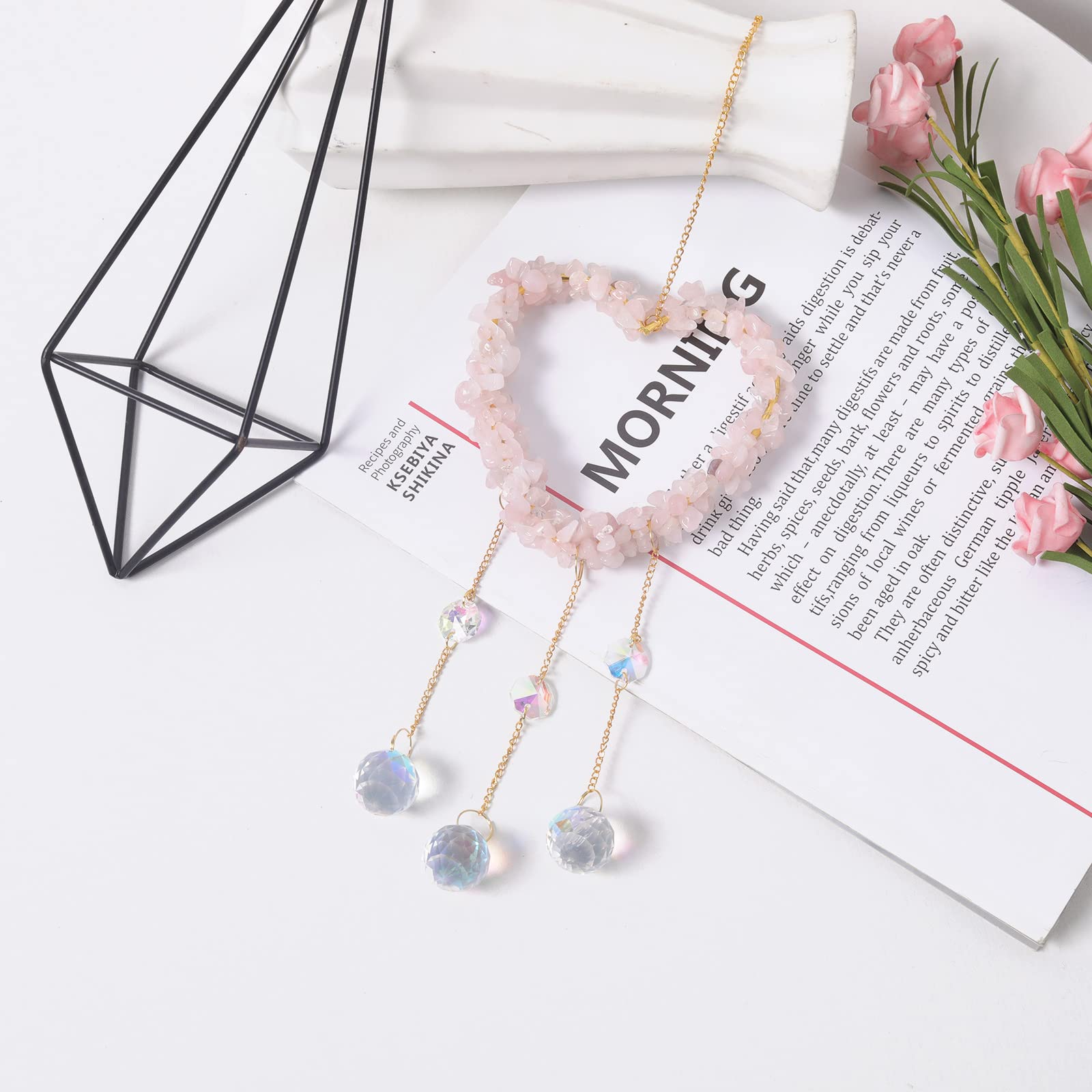 Natural Pink Stone Hanging Crystal Suncatcher - Energy Crystal Ball Prism Pendant for Home Decor & Protection | Creates Rainbows for Windows, Meditation Rooms & Outdoor Spaces