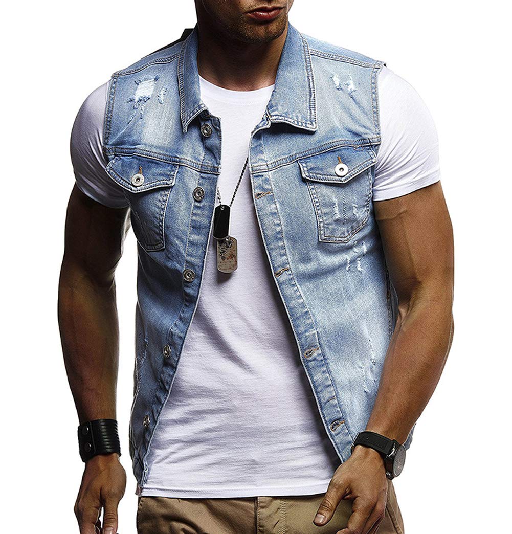Men's Distressed Wash Button Front Sleeveless Moto Jean Vest Jacket - Stylish Denim Biker Vest for Casual Outfits & Layering