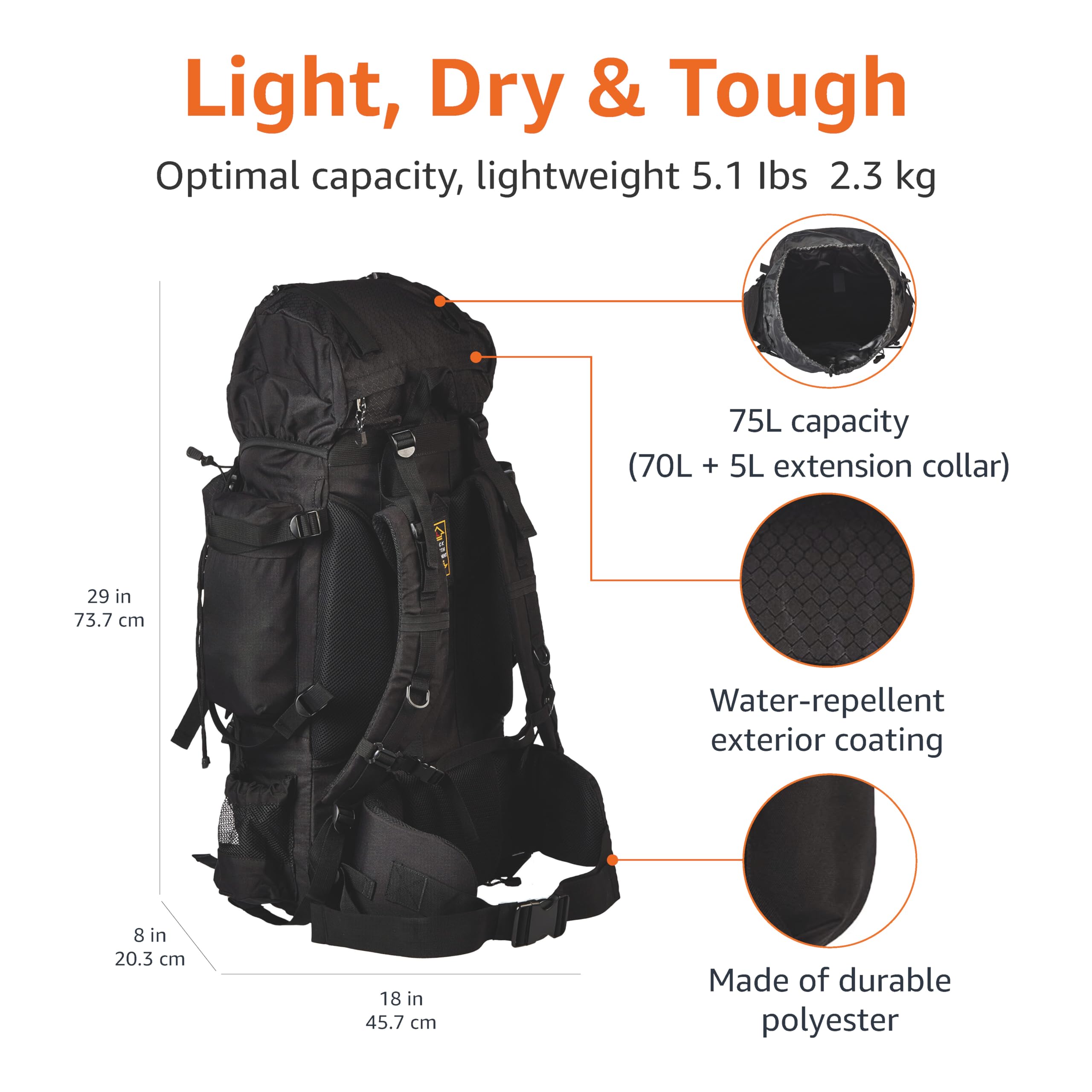 Amazon Basics Internal Frame Backpack - Lightweight Hiking & Travel Backpack with Adjustable Straps, Durable Water-Resistant Material for Outdoor Adventures, Camping & Daily Commute