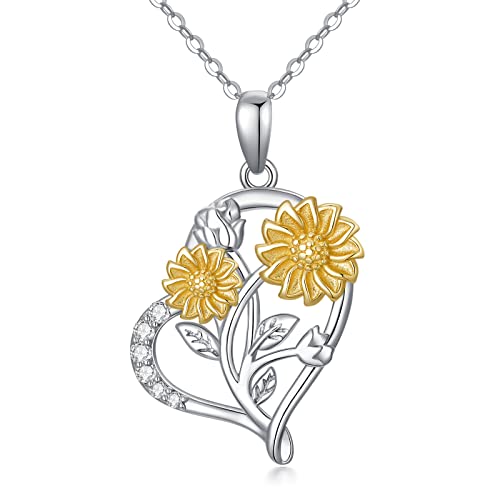 14K Real Gold Natural Diamond Heart Necklace for Women - White/Yellow Gold Sunflower Heart Pendant | Anniversary, Birthday, Valentine's Day Gift for Wife & Girlfriend | 16