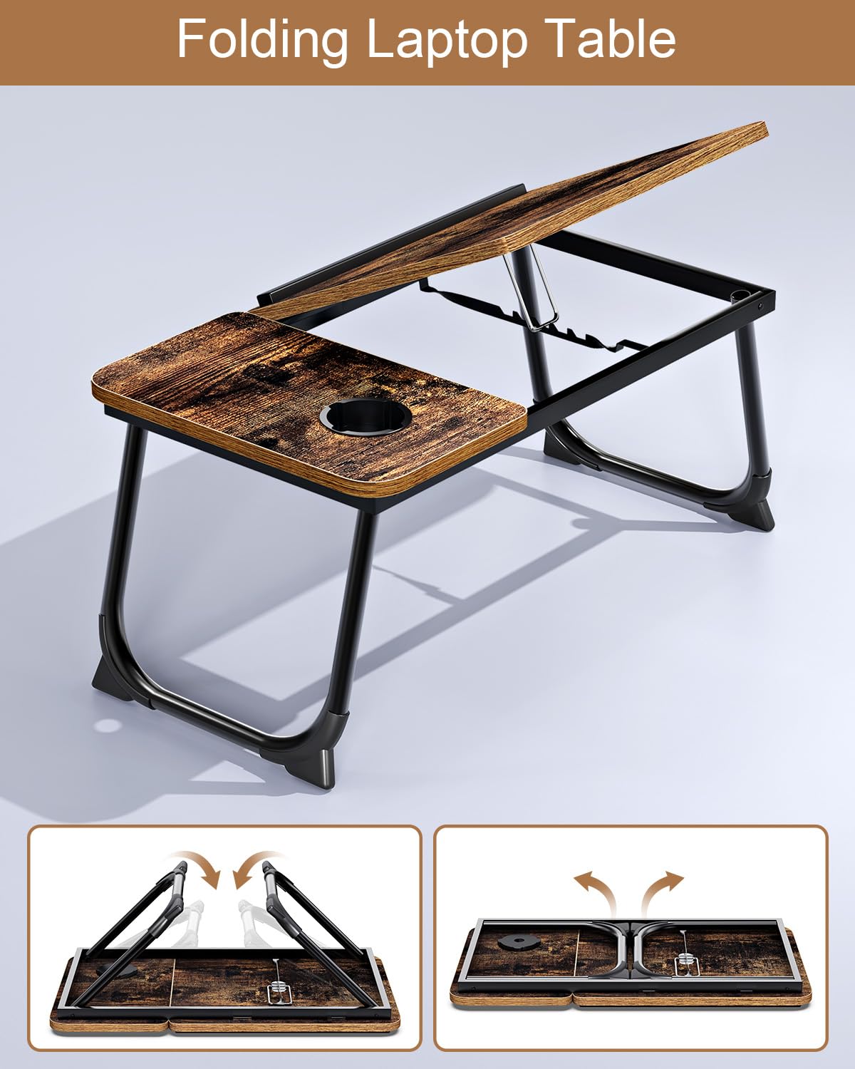 2023 Upgraded Vintage Laptop Tray with Foldable Legs & Cup Slot | Retro Bed Table & Notebook Stand | Perfect for Reading, Breakfast, Work in Bed, Carpet, Sofa, Terrace & Office