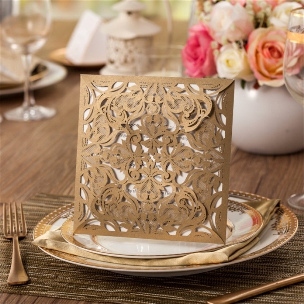 WISHMADE Laser Cut Lace Wedding Invitations with Envelopes Set - 100Pcs Square Cardstock for Wedding, Bridal Shower, Birthday, Anniversary & Quinceanera Parties (Gold) - Elegant Stationery for Special Occasions