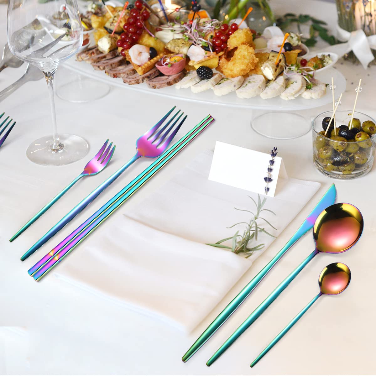 Rainbow 8-Piece Stainless Steel Travel Cutlery Set with Chopsticks & Cleaning Brush - Perfect for Camping, Picnics & Office Lunch