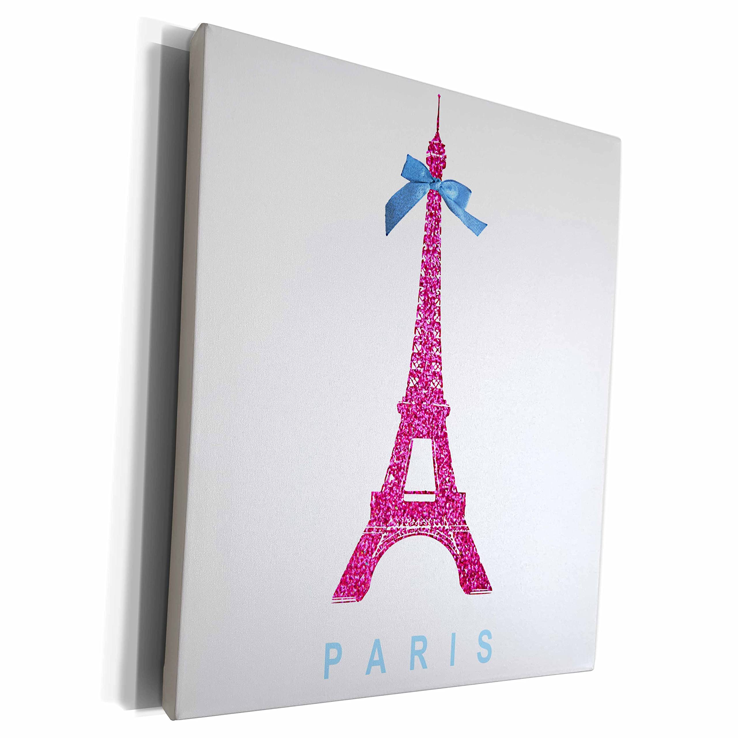 3D Rose Hot Pink Eiffel Tower Paris Souvenir with Blue Ribbon Bow - 16x20 Inch Stylish Canvas Wall Art for Home Decor, Office, Bedroom & Gift Giving