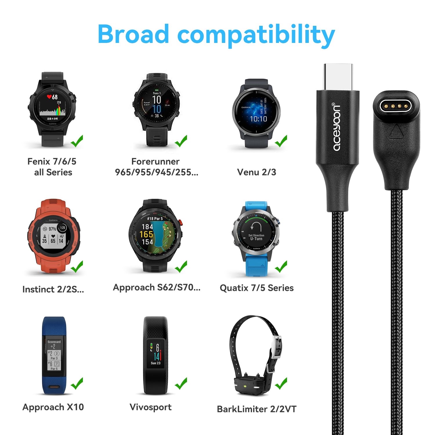 2 Pack USB C Charging Cable for Garmin Watch (1.6FT + 3FT) - Compatible with Vivoactive 5/4/3, Fenix 7/6/5/S/X, Forerunner 945/45/45S, Vivomove, Venu 3/2/Sq - Fast Charging Cord for Fitness Tracking & Outdoor Activities
